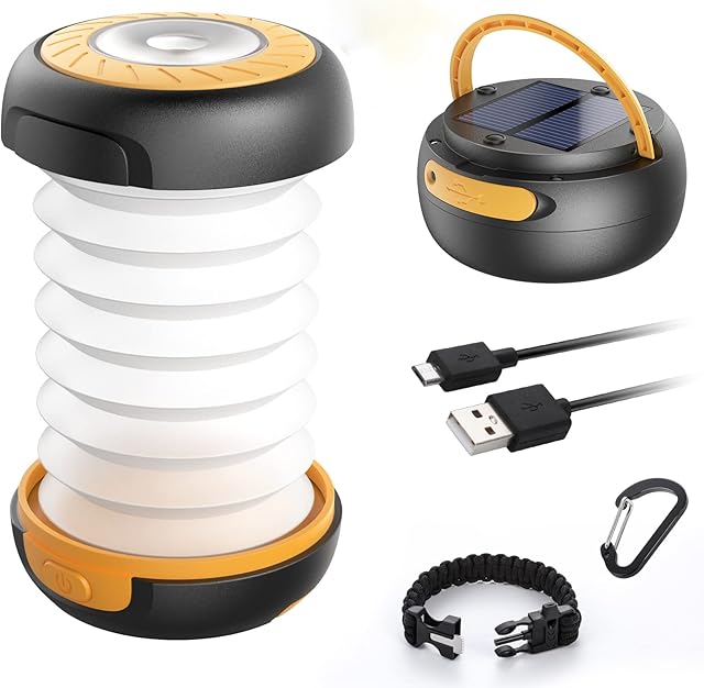 GlobaLink Camping Lantern, LED Rechargeable Camping Light, Solar/USB Powered Collapsible Tent Light with First-Aid Whistle, Camping Lamp for Outdoor Hiking Tent Garden, Emergency Charger for Phone