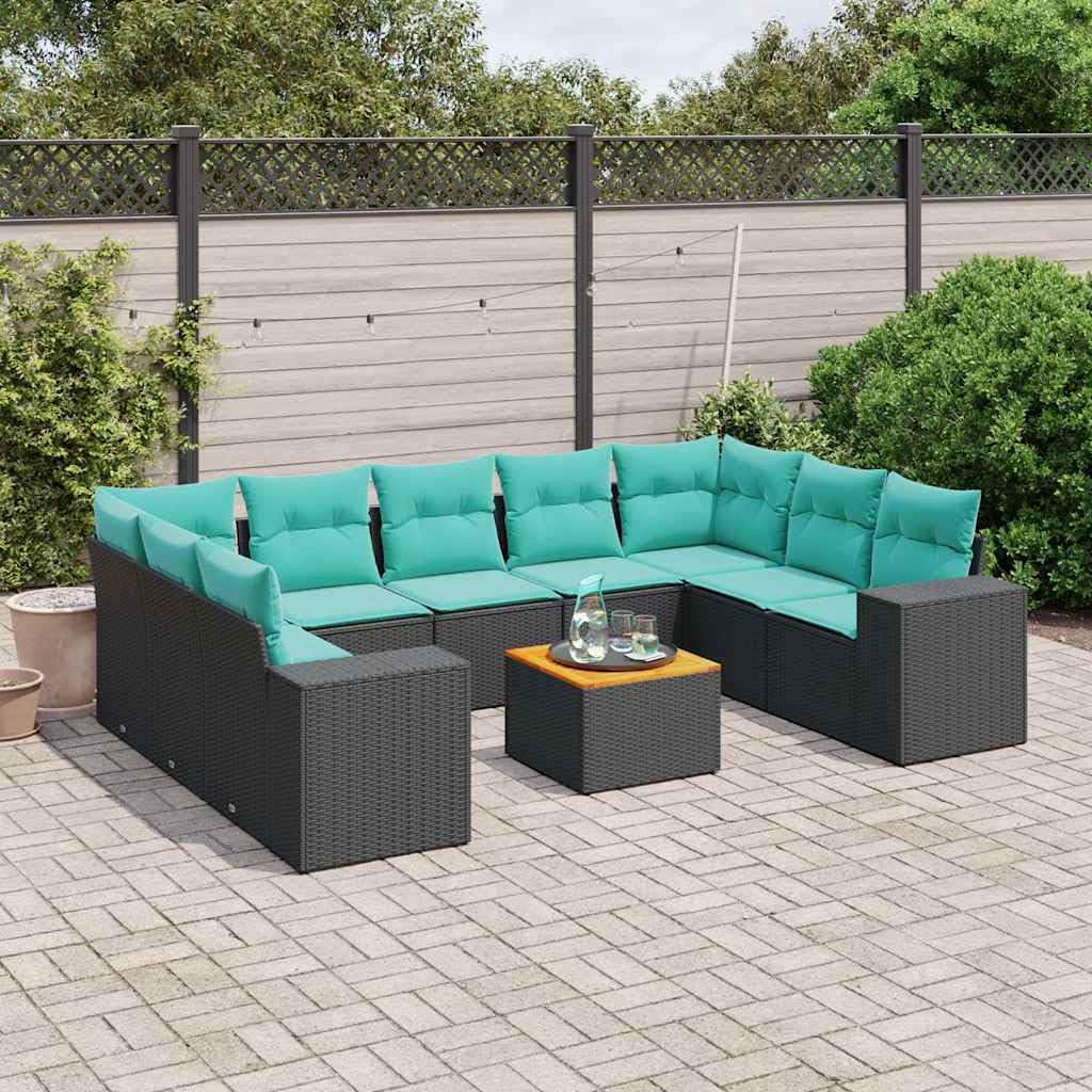 Set Divani da Giardino 10 pz in Polyrattan Nero con Cuscini Blu | Salotto componibile per terrazzo e patio con tavolo in legno di acacia e morbide sedute modulari per relax all aperto.
