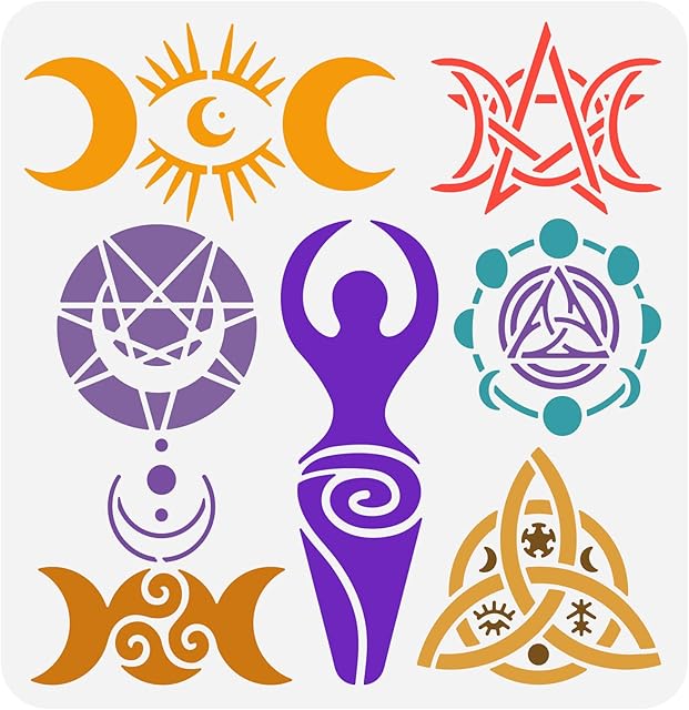 FINGERINSPIRE Wiccan Witch Symbols Drawing Stencil 30x30cm Reusable Spiral Goddess Painting Template DIY Craft Viking Celtic Knot Stencil for Painting on Wall, Furniture, Wood and Paper