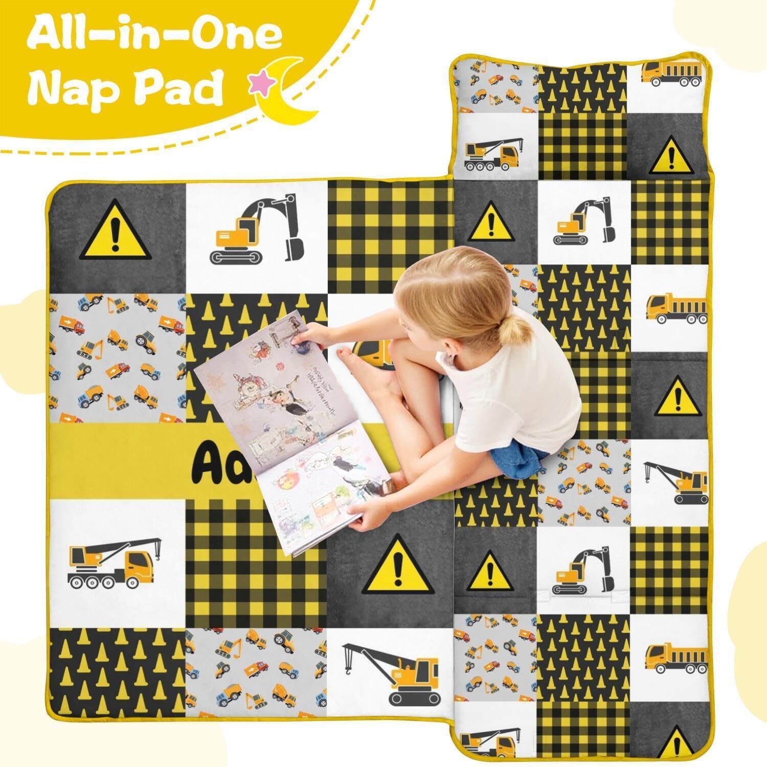 Personalized Constructions Nap Mat Set with Name, Sleeping Bags for Boys, Customized Trucks Toddler Bed Mattress for Kids, Slumber Bags for Preschool, Daycare or Kindergarten, Toddler Sleep Sack