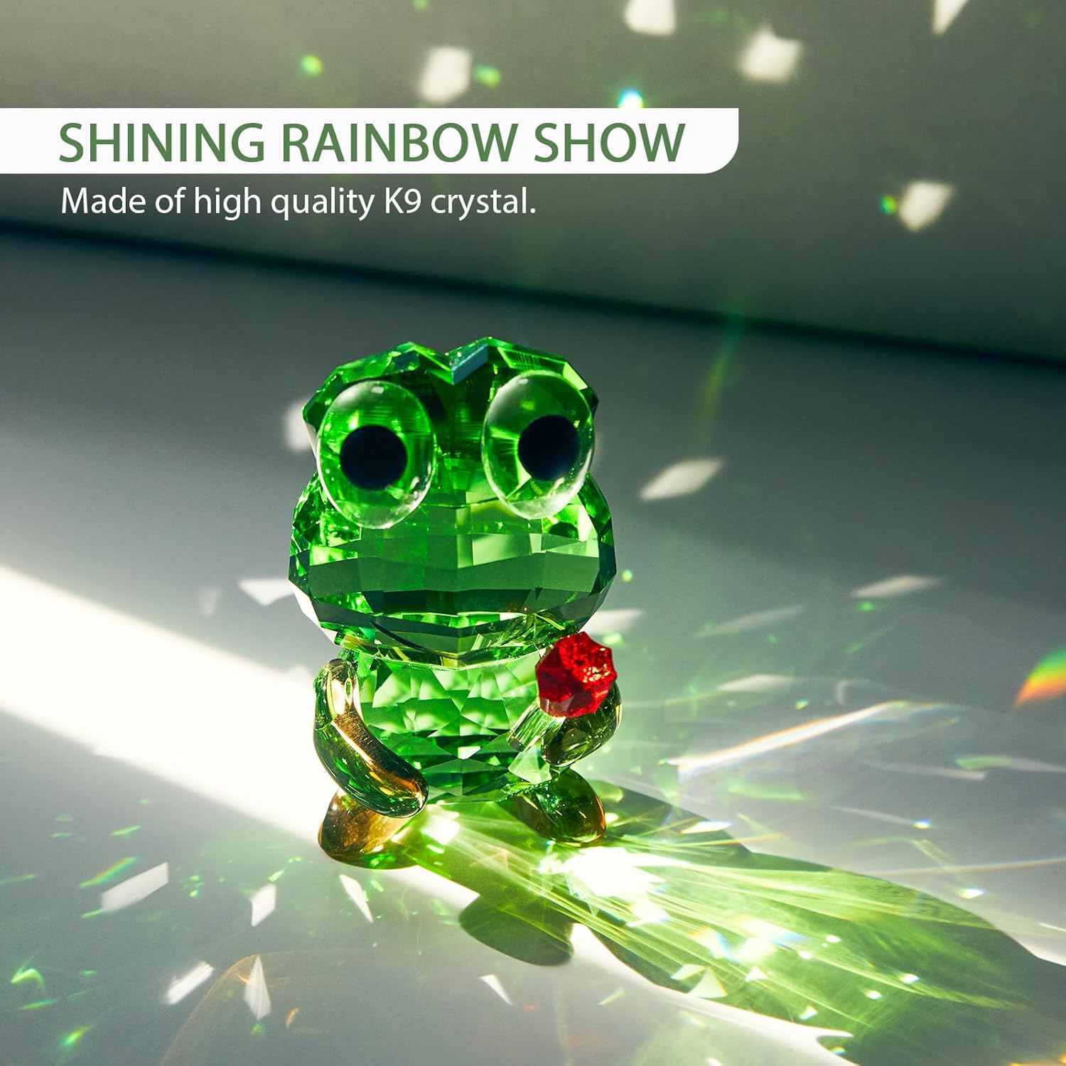 Crystal Frog Figurine with Red Rose - Art Glass Animals Desk Decor & Home Office Ornament, Handmade Glass Collectible Gifts