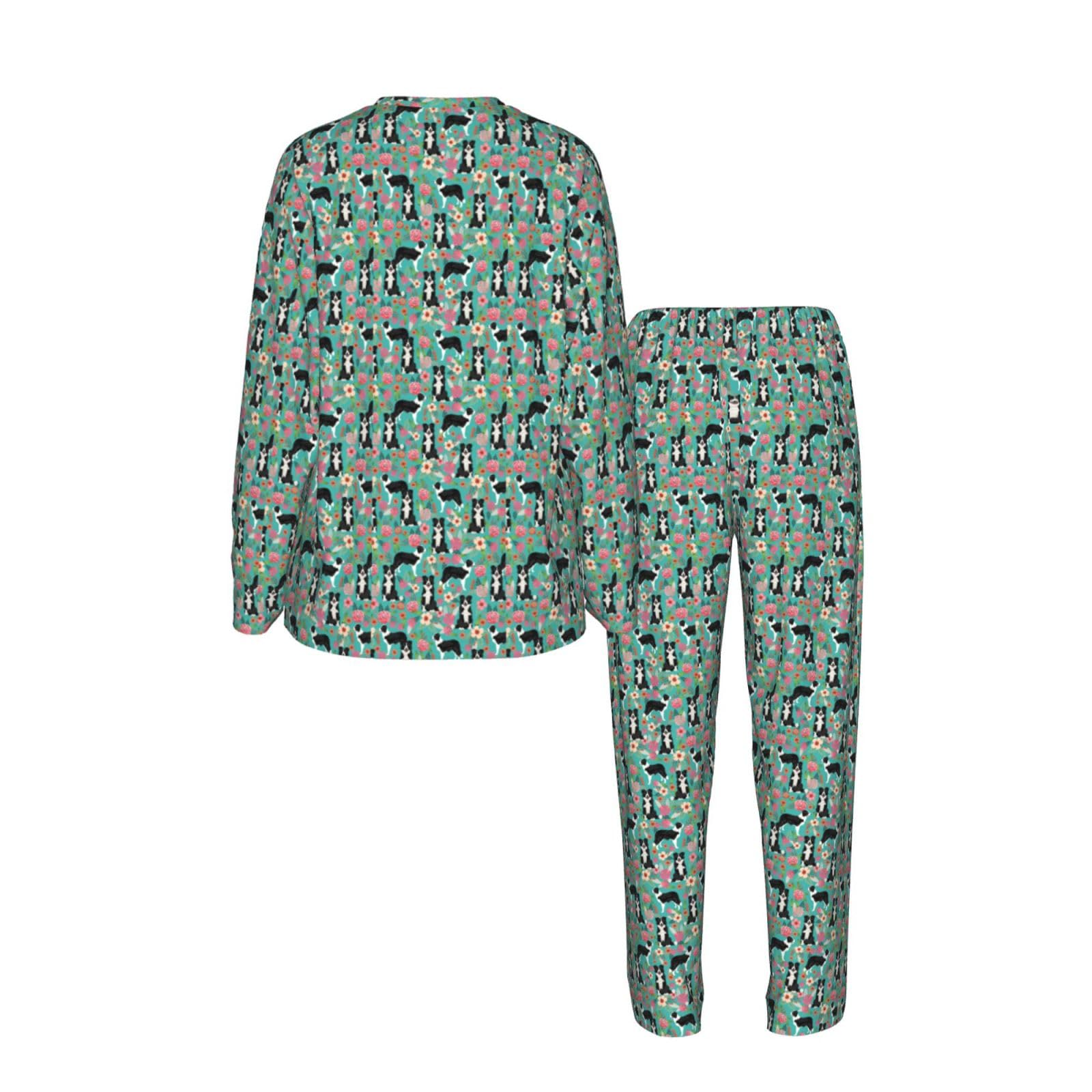 Pigiama da donna a maniche lunghe con stampa floreale Border Collie morbido elastico coulisse casual Daywear