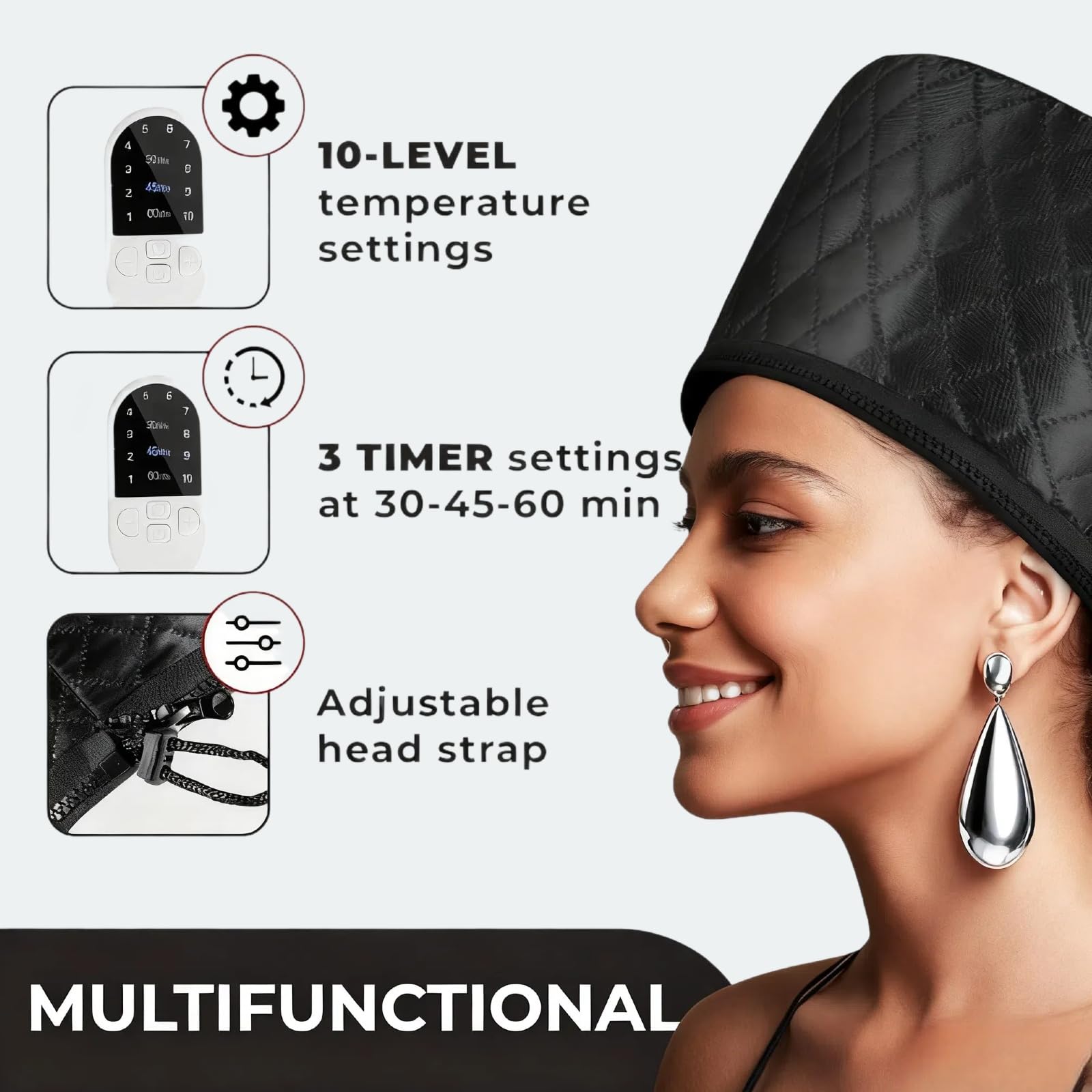 Vaporizzatore per capelli naturali (per uso domestico) - Controllo della temperatura a 10 velocità, riscaldamento rapido e cuffia termica nutriente per capelli profondi