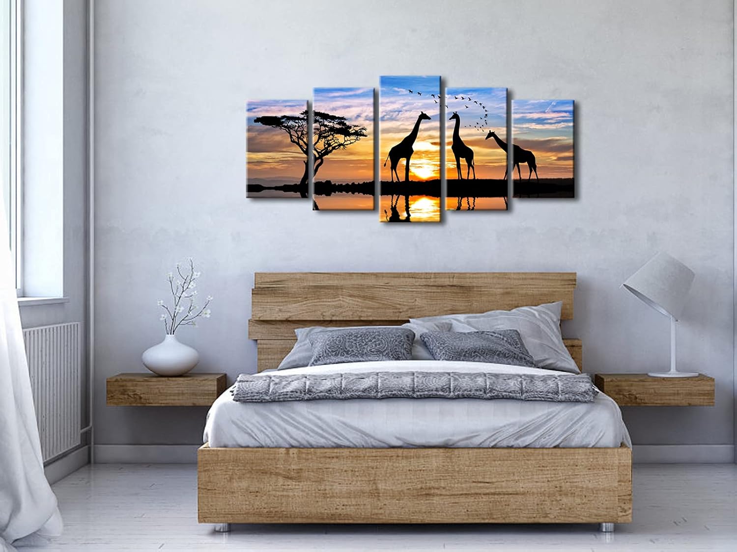 Pyradecor 5 Piece Modern Stretched African Landscape Canvas Prints Animals Sunset Artwork Pictures Paintings on Canvas Wall Art for Living Room Bedroom Kitchen Home Decorations