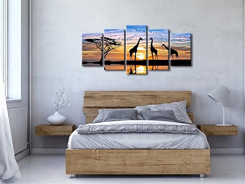 Miniatura 4 de Pyradecor 5 piezas de lienzo de paisaje africano estirado moderno, diseño de animales, puesta de sol, pinturas sobre lienzo, arte de pared para sala