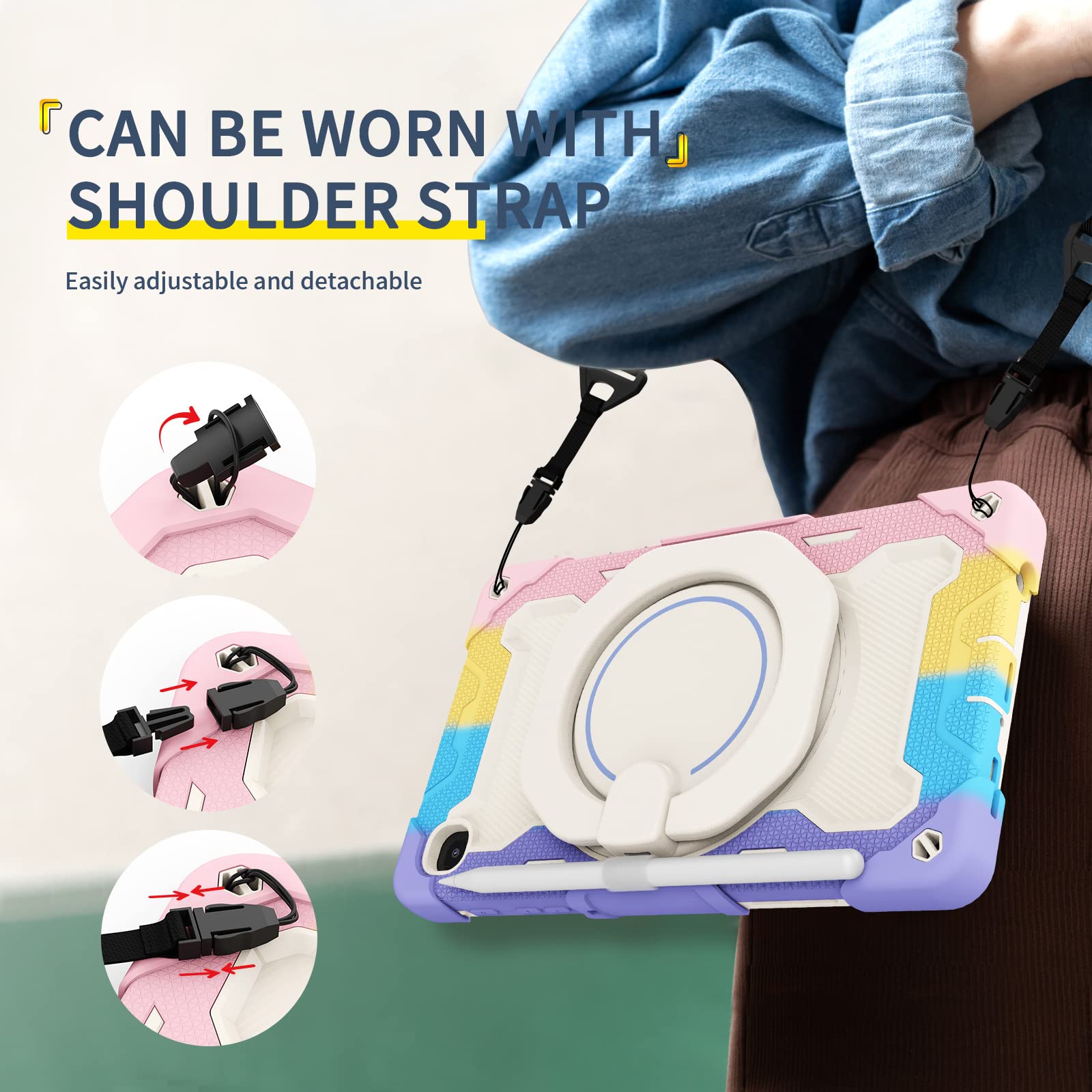 Custodia per Samsung Galaxy Tab A7 Lite T220/T225, antiurto con pellicola proteggi schermo, portapenne, tracolla, supporto girevole per bambini