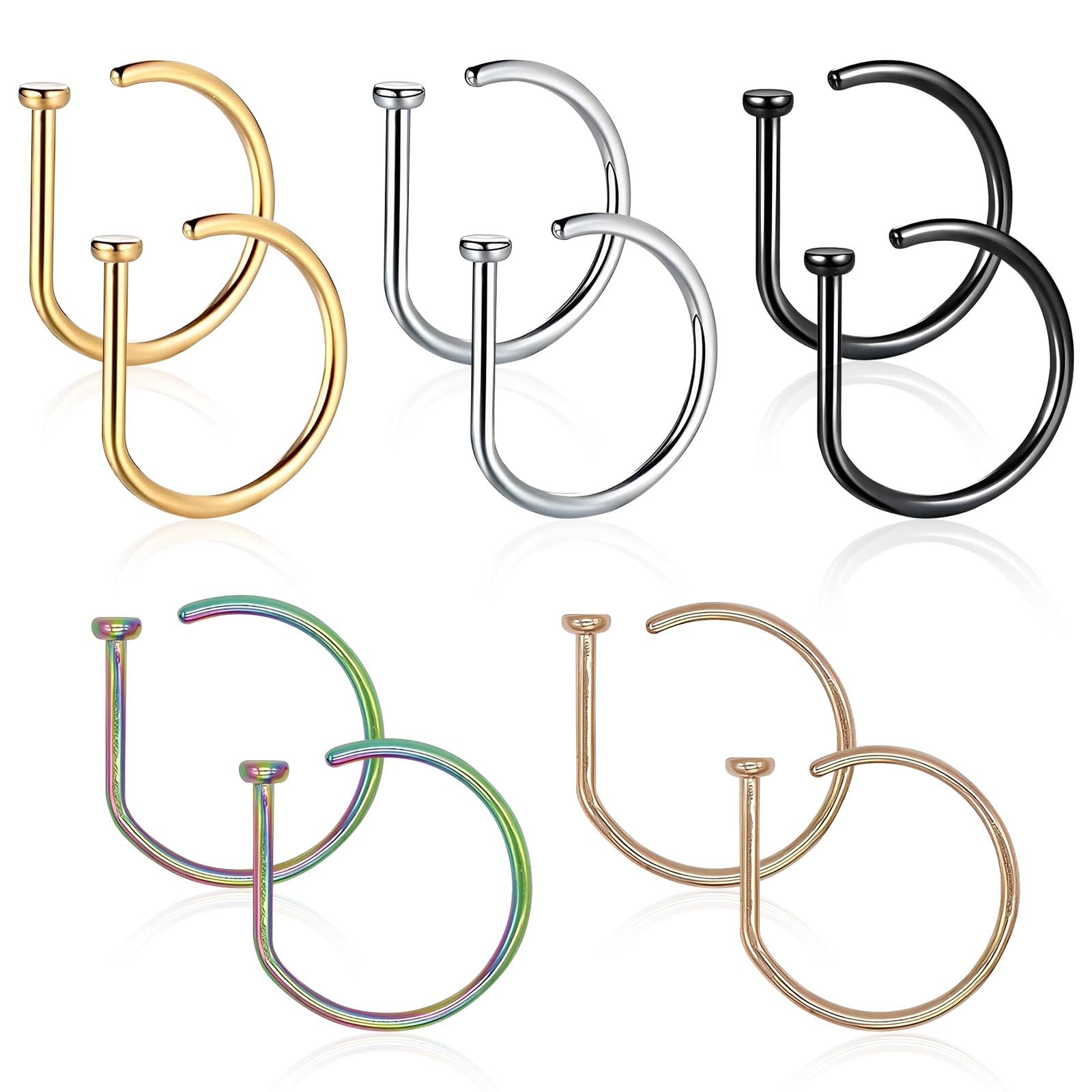 Omlalayi Juego de 10 Septum Falso Piercing Nariz Falso Piercing Nariz Aro Piercing Septum Anillos para la Nariz Anillo de Nariz Falso Tornillo en Forma de D Clavo de Nariz para Tabique Nariz Oreja Hélice Trago
