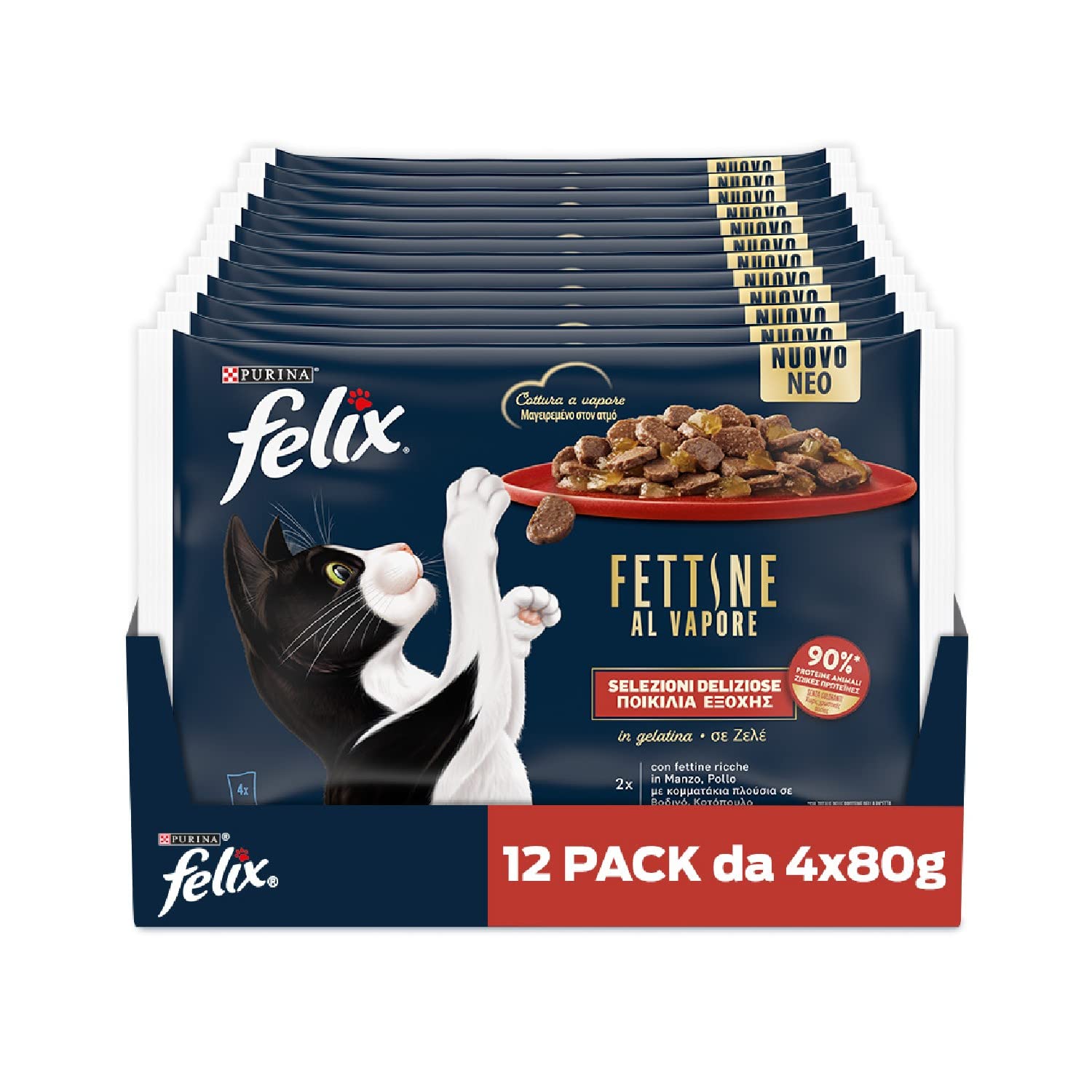 Purina Felix Fettine al Vapore Cibo Umido per Gatti con Manzo e Pollo, 48 buste da 80g