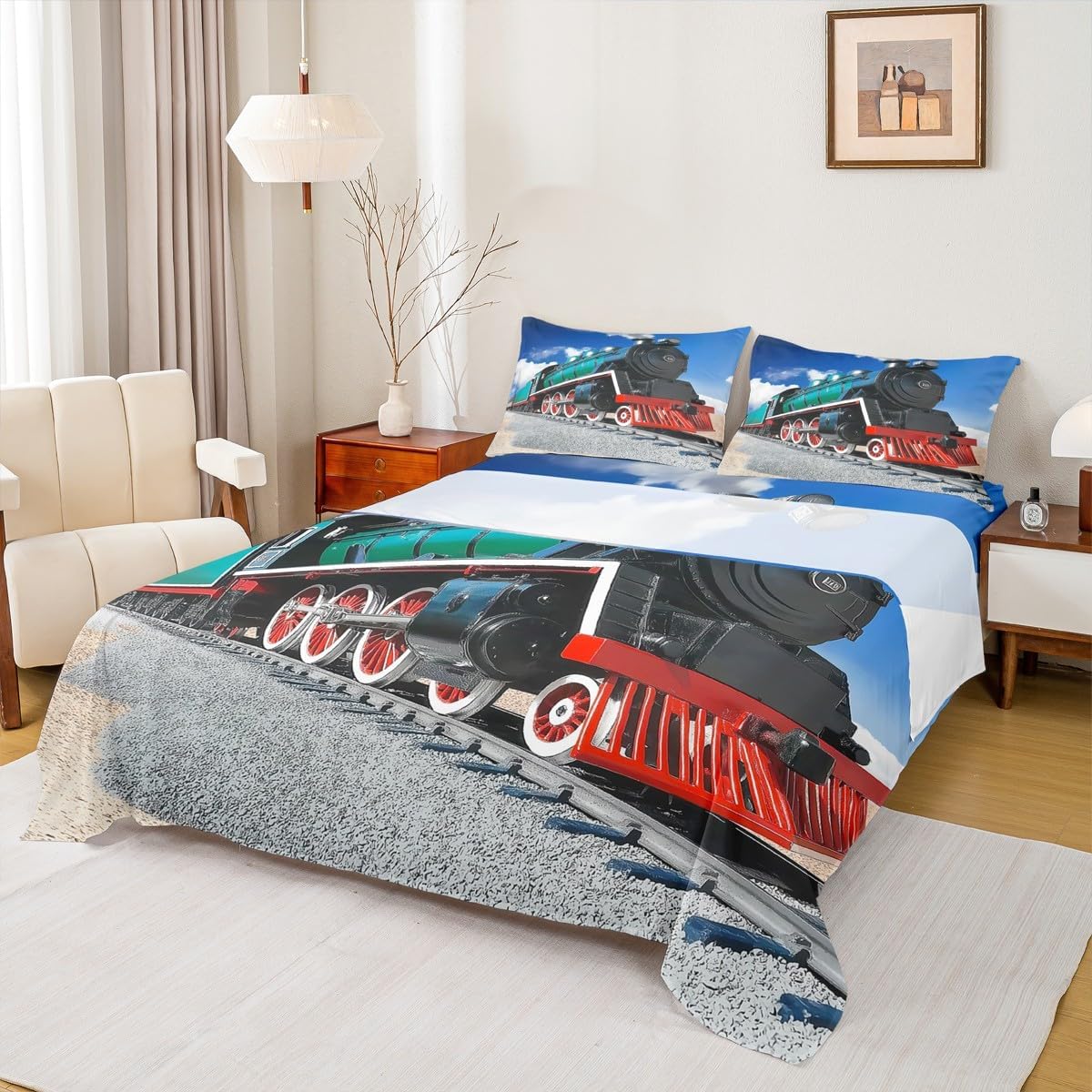 Erosebridal Train Bed Sheets Full Size,Boys 3D Steam Engine Sheet Set Rail Vehicles Bedding Set for Kids Teens,Soft Microfiber Fitted Sheet Deep Pocket + Blue Flat Sheet + 2 Pillow Cases