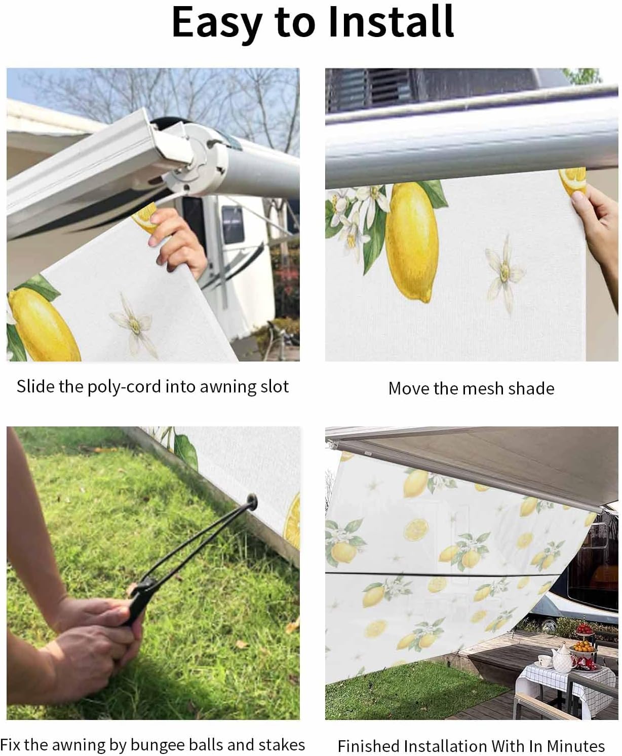 Summer Fruit RV Awning Sun Shade Screen with Zipper 9'x15.5' Watercolor Yellow Lemon Rustic Flowers Farmhouse Mesh Sunshade UV Blocker Awning Shade Complete Kits for Motorhome Camper Travel Canopy