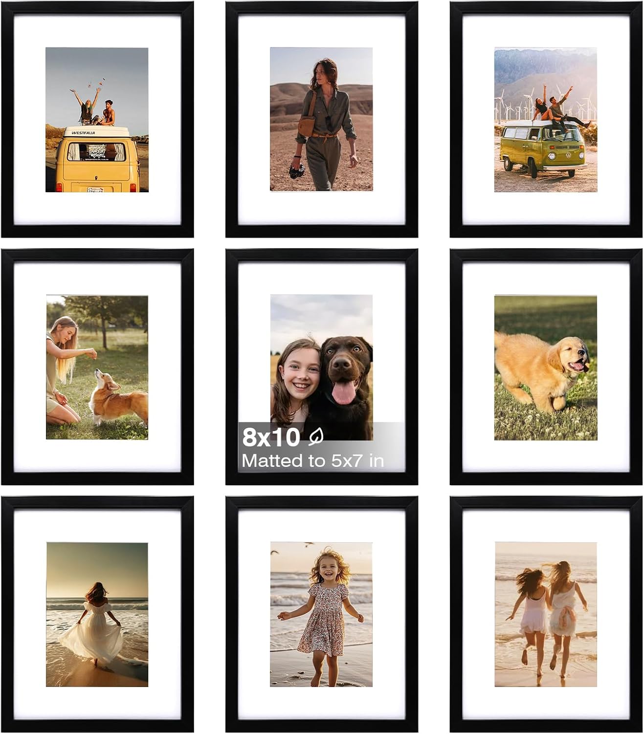 KINLINK 8x10 Picture Frames, Black Frames with Plexiglass for Picture with Mat 5x7 or 8x10 without Mat, Composite Wood Picture Frames for Table Top and Wall Mounting, Set of 9