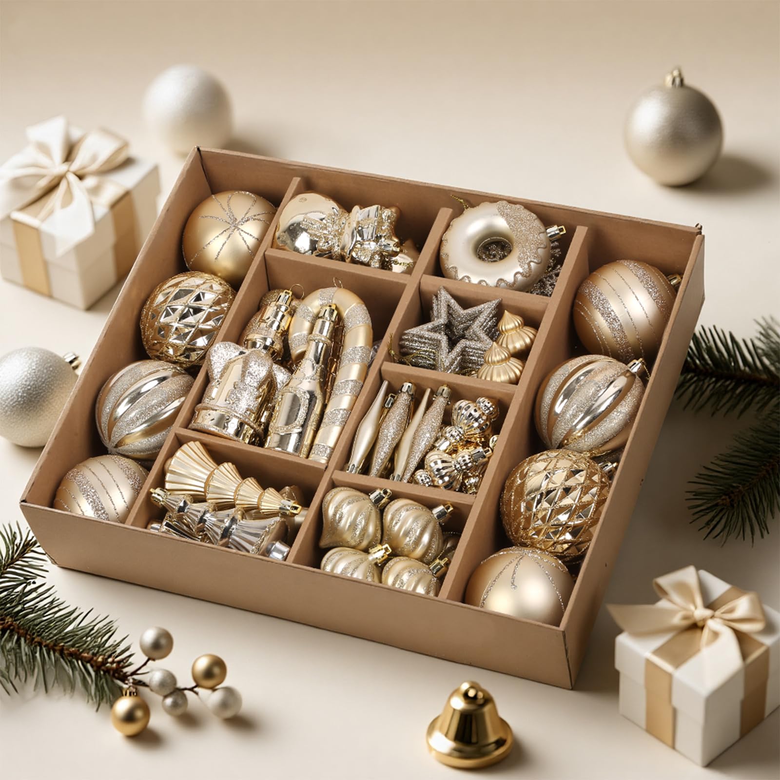 Shareconn 70pcs Christmas Ball Set - Ornements en Plastique incassable, Rubans et décorations pour Le Sapin - Parfait pour Les fêtes de Fin d'année et Les Mariages, Champagne Gold