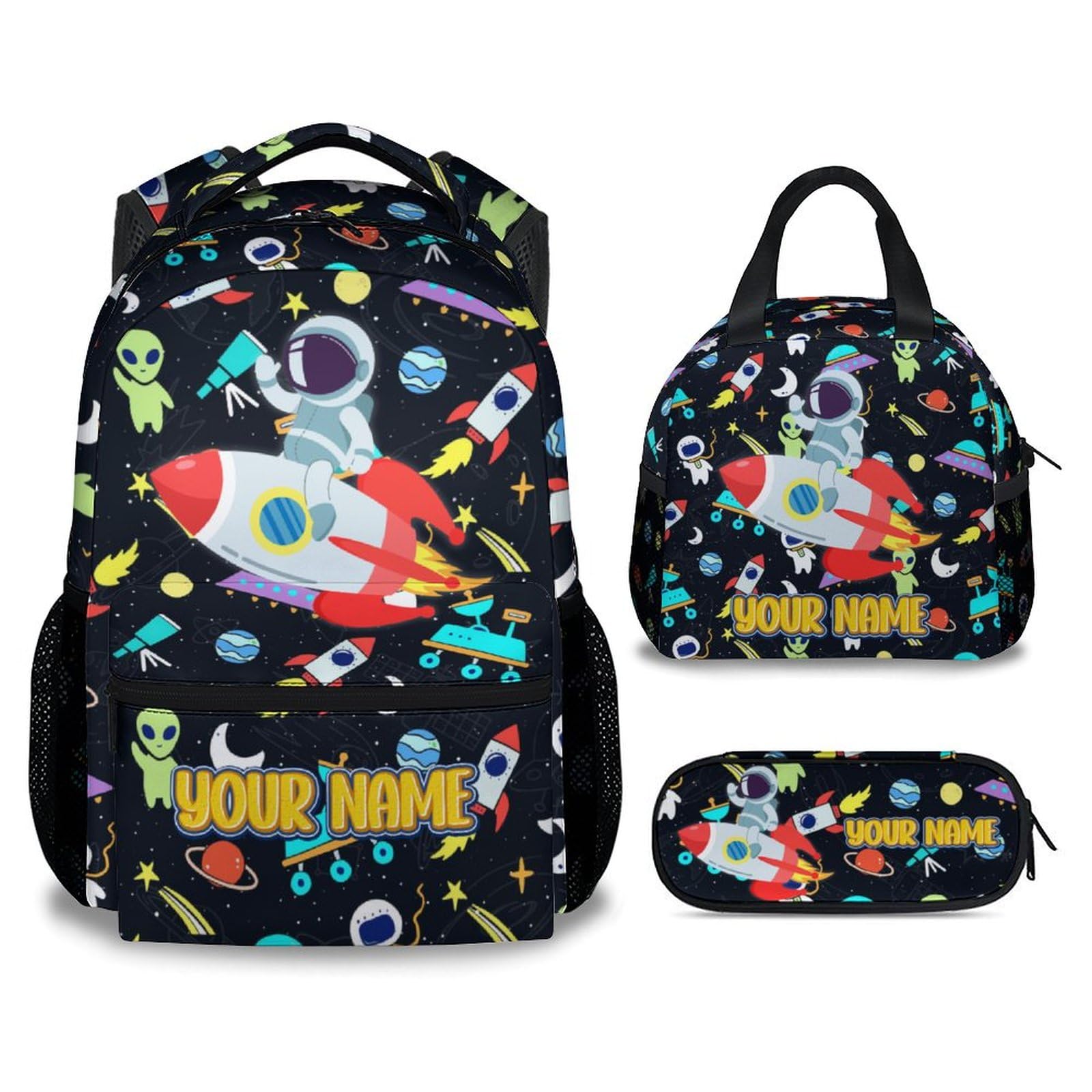 KNOWPHST Backpack and Lunch Box Set for School - 17 Inch Custom Space Backpack Set for Kids - Personalized 3 in 1 Cool Bookbag for Primary Middle