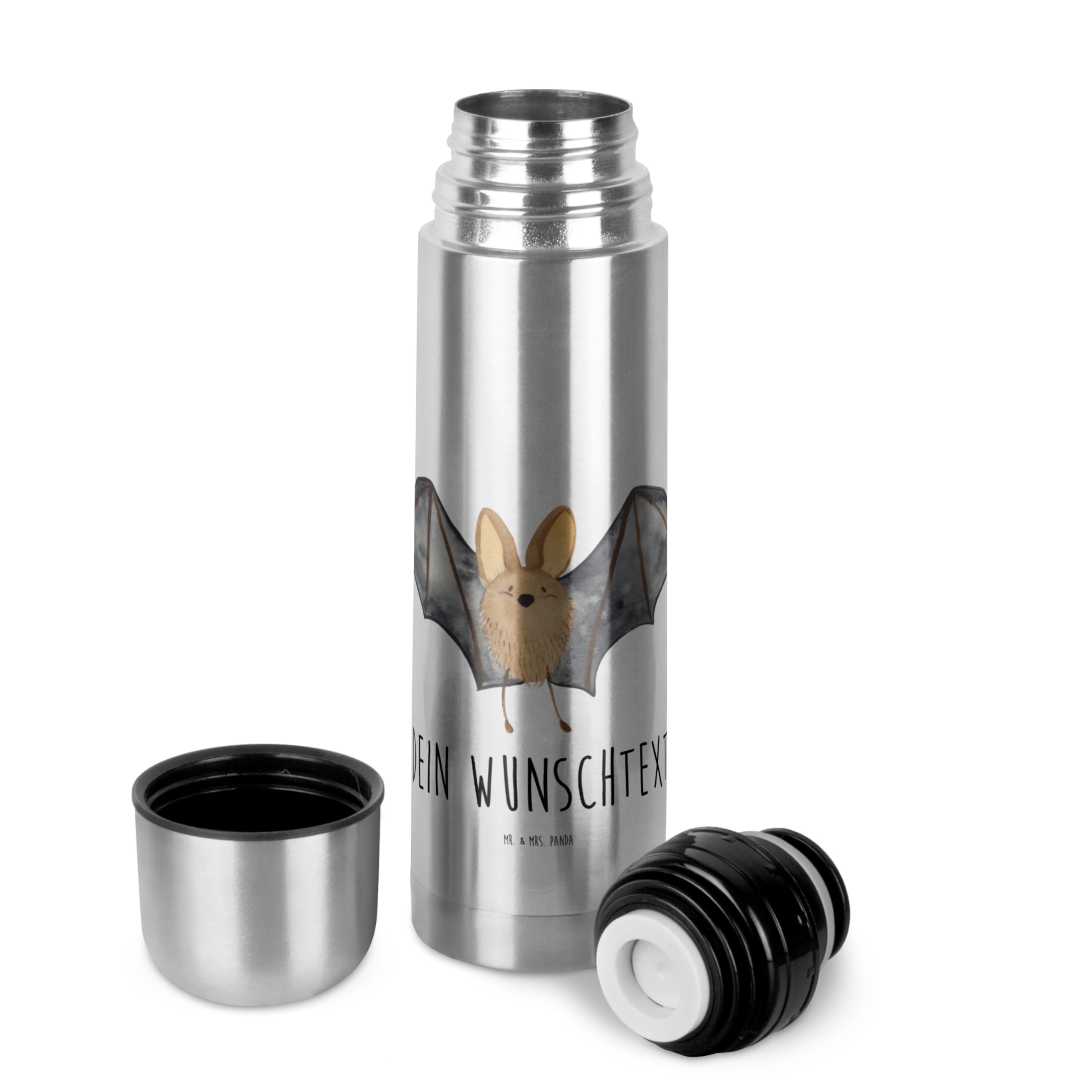 Mr. & Mrs. Panda Personalisierte Thermoskanne Fledermaus Flügel 750 ml - Geschenke, Thermos mit Text, Namen, Lustige Sprüche, Personalisiert