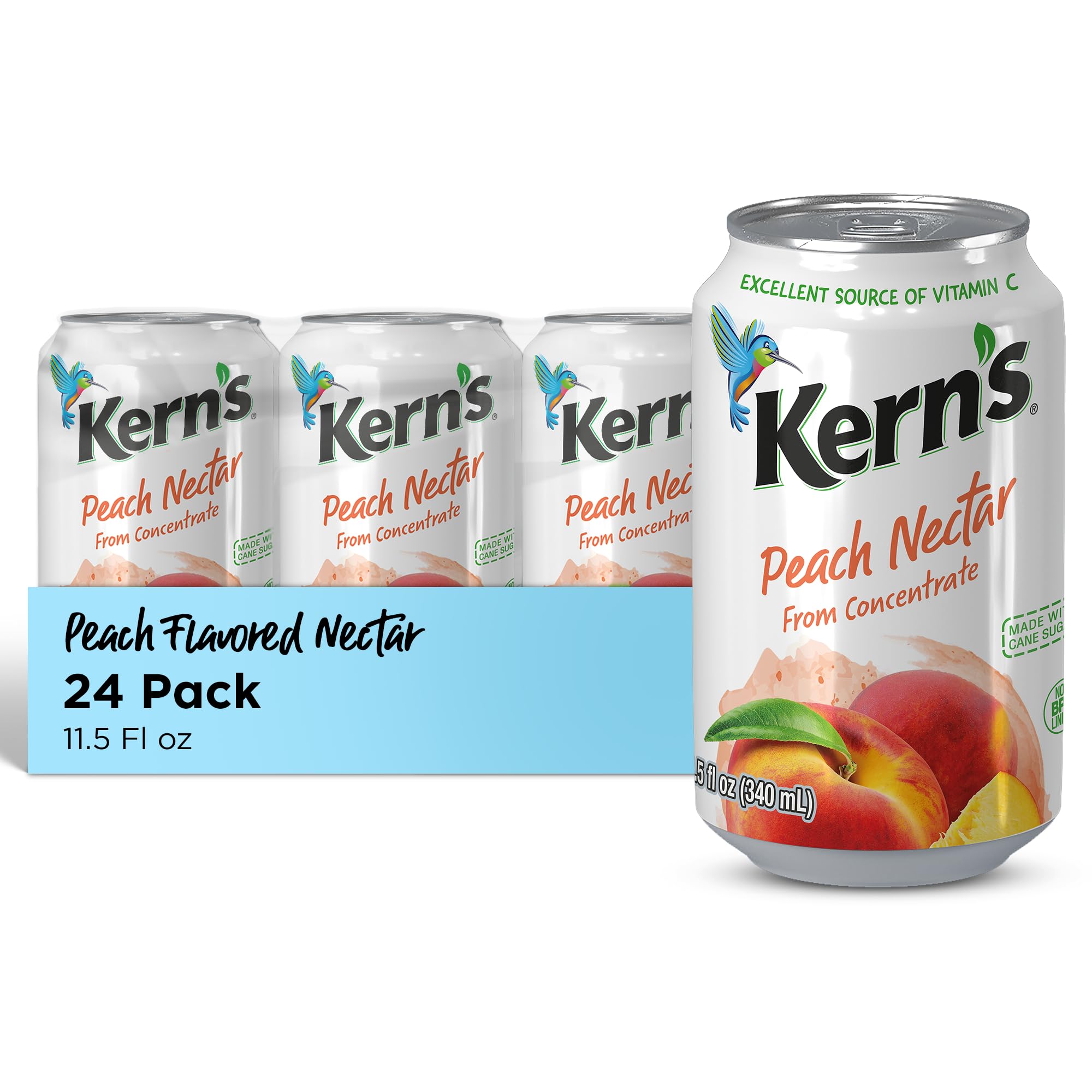 Kern’s Peach Juice Nectar - Peach Nectar Made with Fresh Fruit Puree - Fruit Juice Concentrate for Smoothie Mix, Cocktail Mixers & Kids Drinks & Beverages - 11.5oz, 24 Pack Canned Drinks