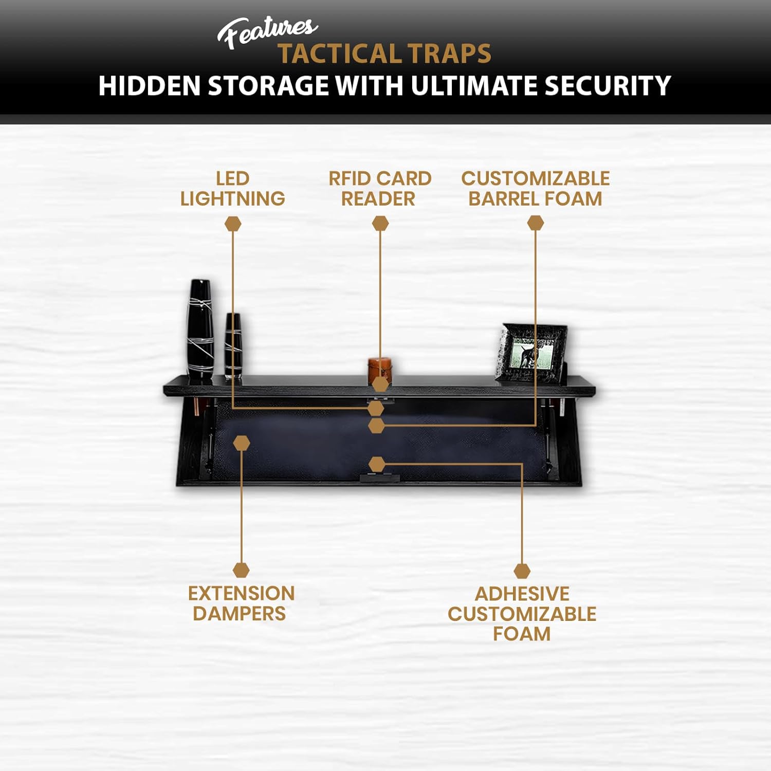 Tactical Traps - Freedom 52R Concealment Shelf with Trap Door and RFID Lock - Secure & Safe Hidden Concealment Compartment - 46" X 13.5" X 5" - Ebony