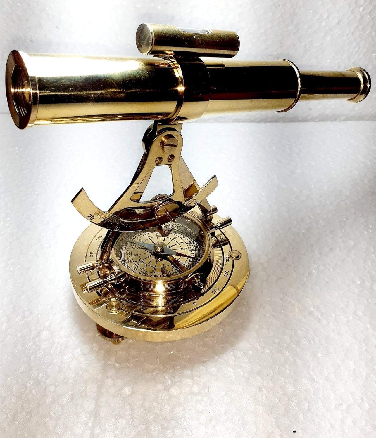 Brass Alidade Telescope with Theodolite Compass, 8 Inch, Golden, Maritime Desk Collectible