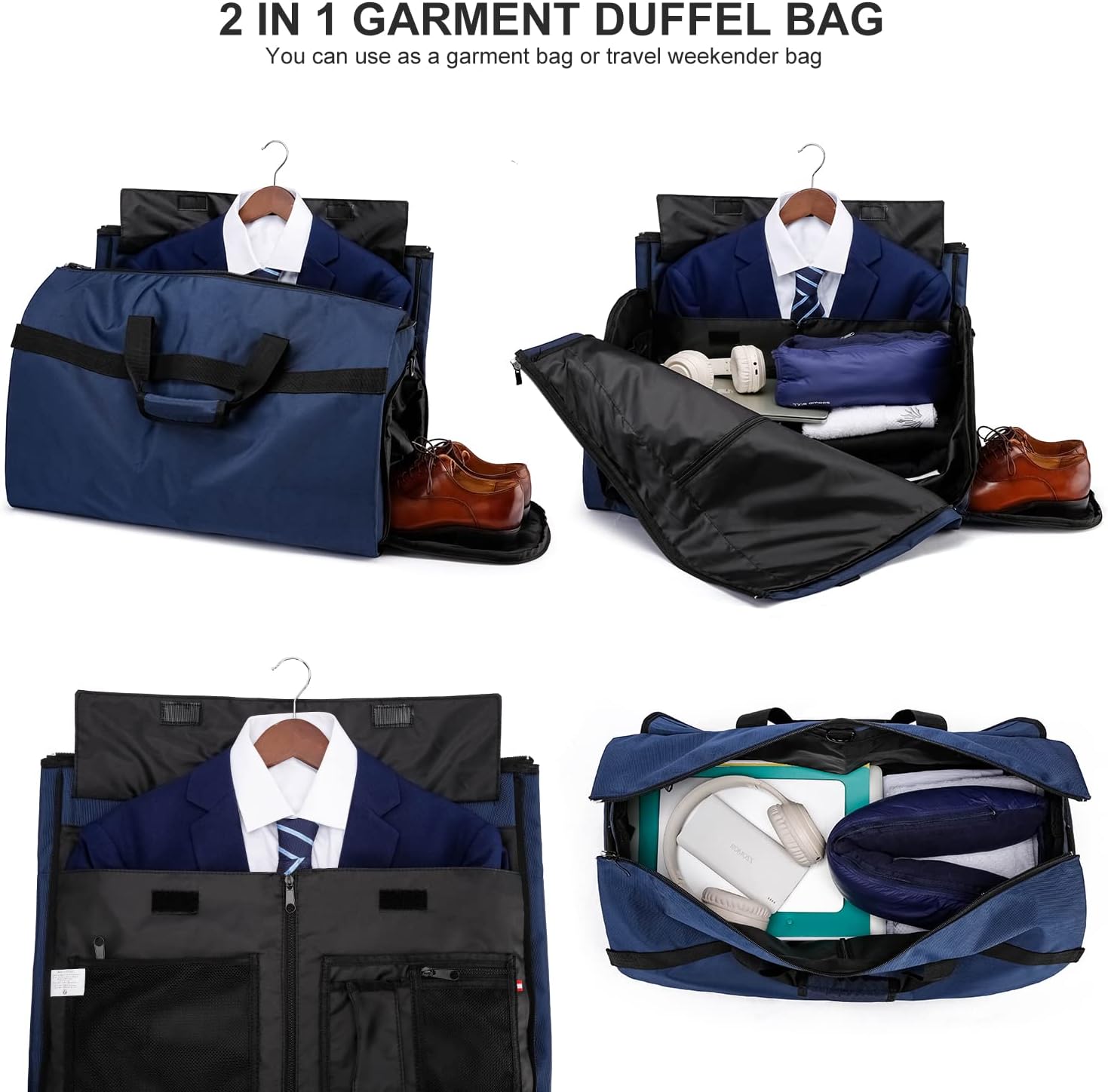 Convertible Garment Bags for Travel, Large Suit Bag Garment Duffle Bag with Shoulder Strap & Shoes Compartment, Carry On Garment Bag for Men Women-2 in 1 Hanging Suit Bags for Travel, Blue - Image 4