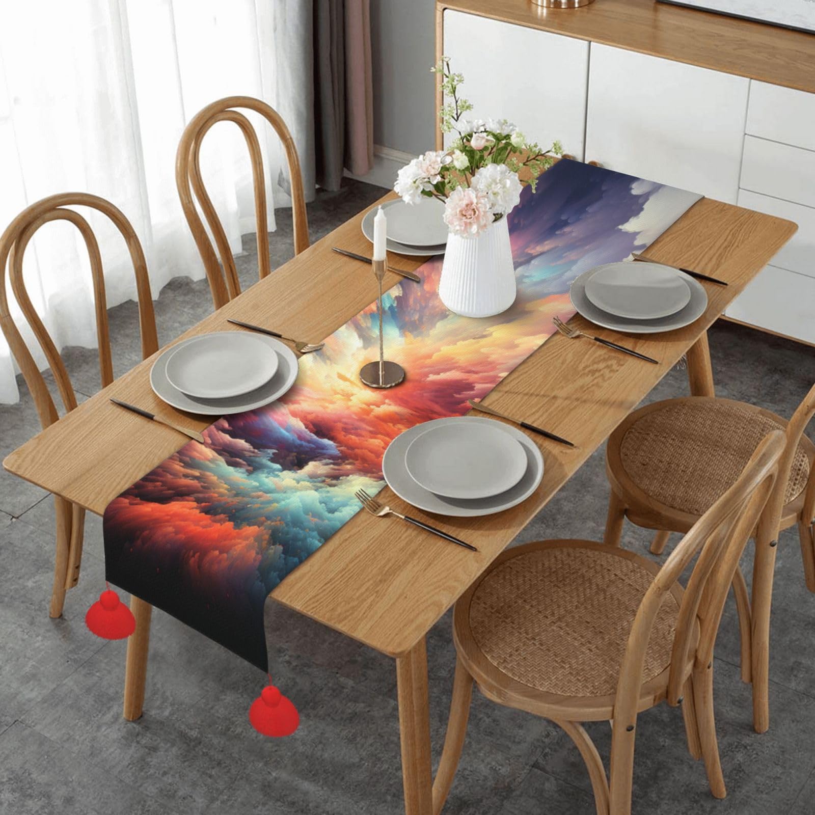 Chemin de table en coton et lin de qualité supérieure à motif nuages 152 cm