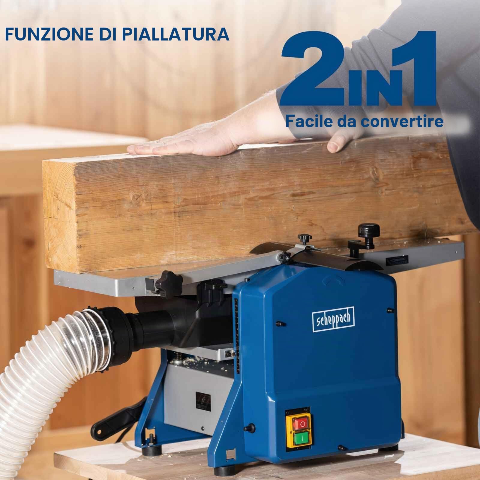 Scheppach Pialla & discarica compatta HMS850 | Potenza 1250 W | 2 ferri in acciaio rapido | Larghezza piallatura 204 mm | Altezza di passaggio 120 mm | Regime albero 8500-1min