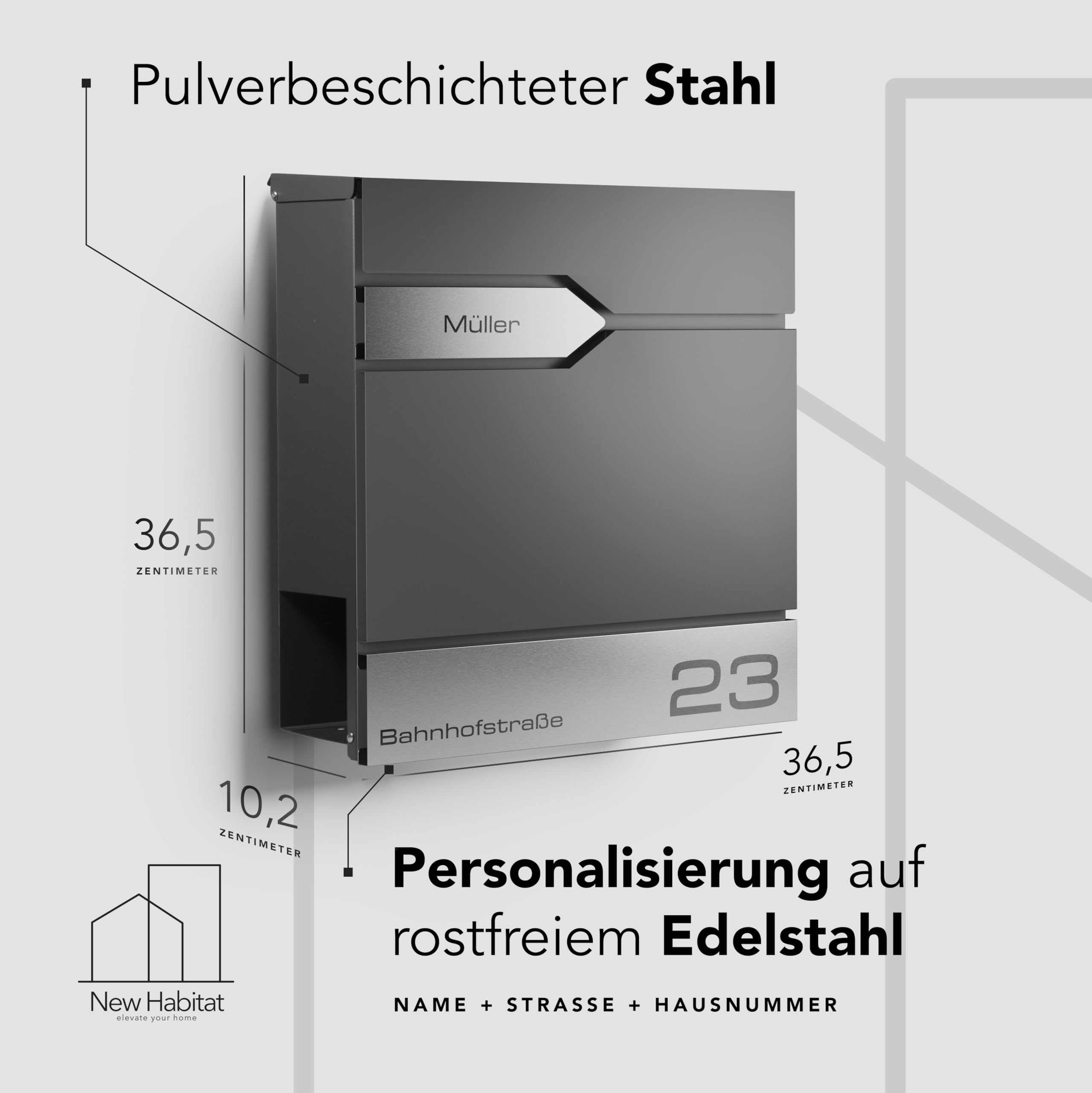 Moderner Briefkasten Personalisierbar Sydney Anthrazit RAL7016 - mit Zeitungsfach - Wandbriefkasten mit Edelstahl Namensschild und Hausnummer Gravur I Rostfrei und UV-beständig (Mit Gravur)