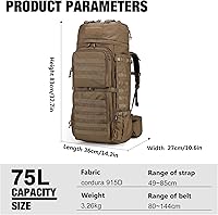 Vista 2 de Mardingtop 75L Military Internal Frame Backpack for Men, Cordura Tactical Backpack with Recco for Snowboarding,Hiking,Camping