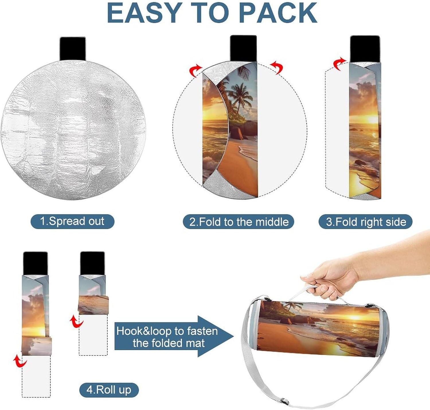 Tropical Beach at Sunset Round Outdoor Picnic Mat Foldable Waterproof Beach Camping Blanket Outdoor Rug with Sponge Padding