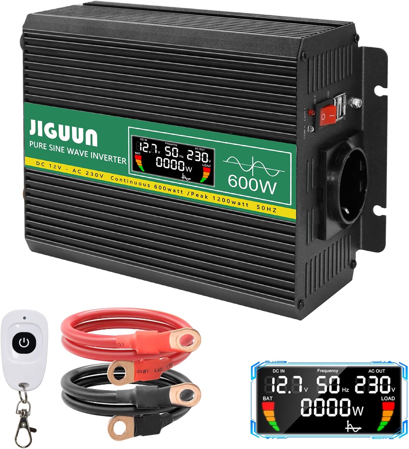 JIGUUN 3000W omvormer 12v naar 230V zuivere sinus Converter power inverter met draadloze afstandsbediening LCD-scherm 2 Eu-stopcontact & 1 USB-poort voor auto, camping, reizen,noodgeval