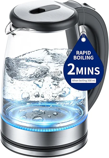 Electric Kettle Glass 2L, 1500W Fast Boiling Hot Water Boiler with Auto Shut-Off, LED Light, BPA-Free, Borosilicate Glass, Stainless Steel Interior, Wide Opening, Cordless Tea Kettle