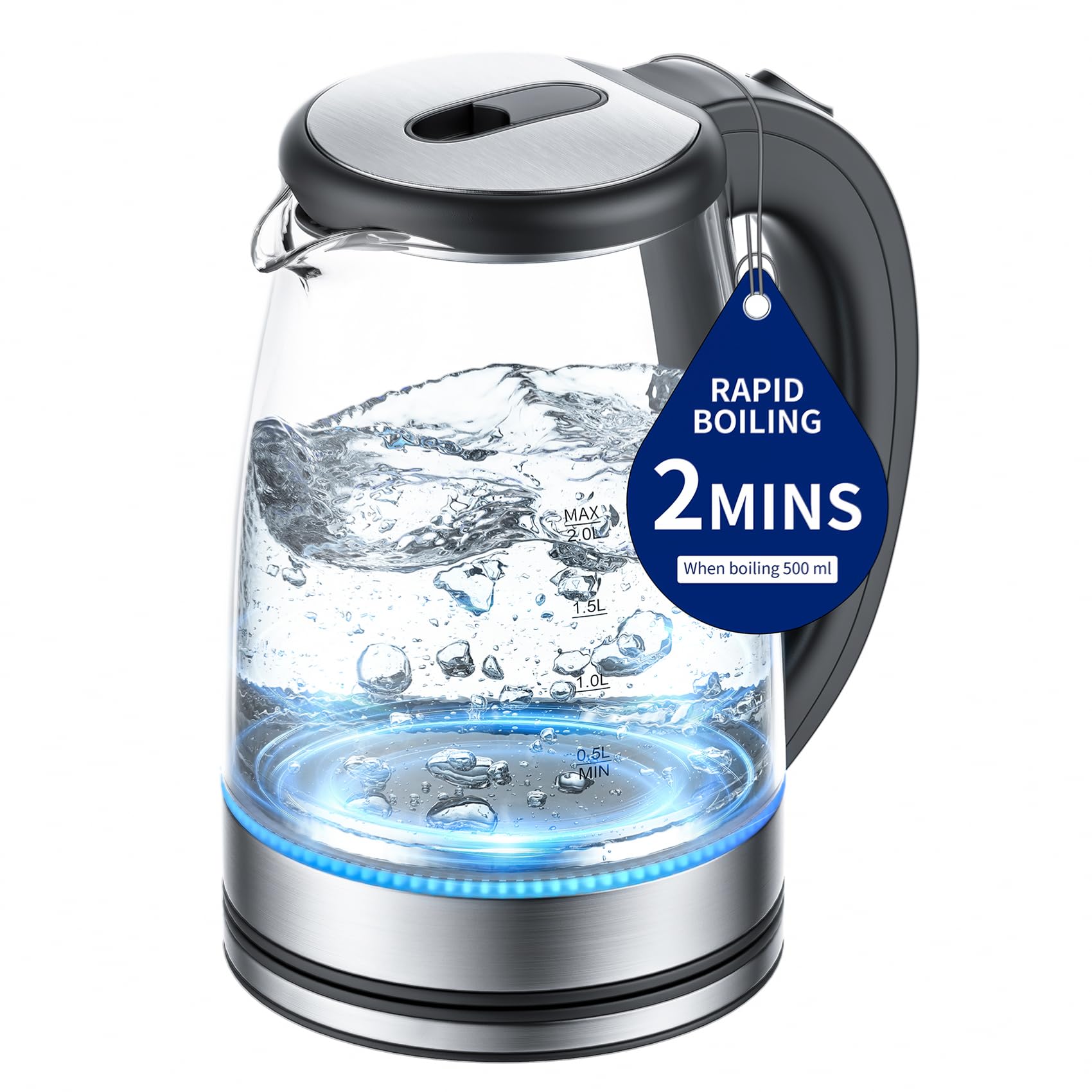 Photo 1 of Electric Kettle Glass 2L, 1500W Fast Boiling Hot Water Boiler with Auto Shut-Off, LED Light, BPA-Free, Borosilicate Glass, Stainless Steel Interior, Wide Opening, Display Refrigerator with Door 04