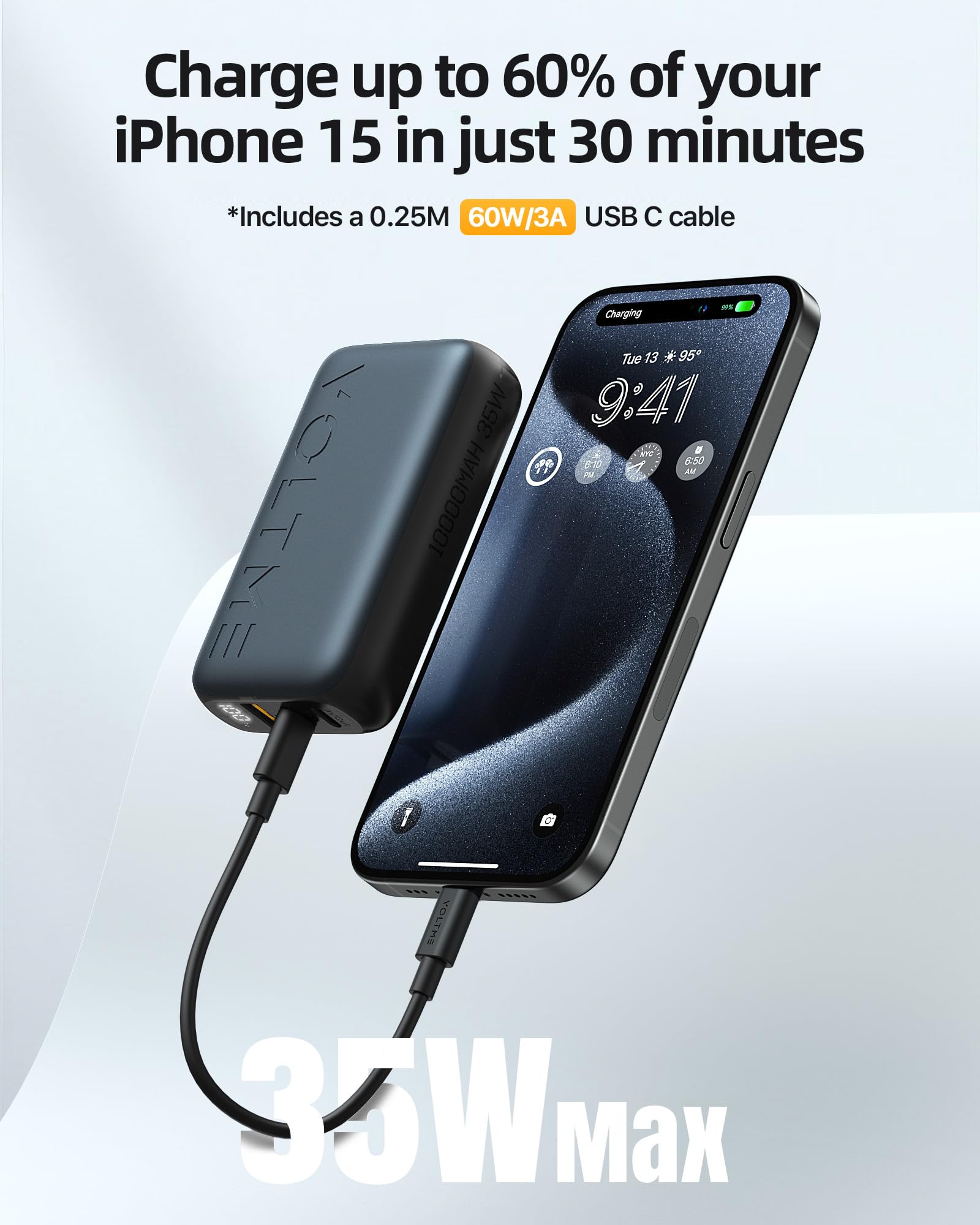 VOLTME Power Bank 10,000mAh 38.5Wh, Caricatore Portatile Ricarica Rapida 3-Port Hypercore 10K Sling blu, Batteria esterna compatta a ricarica rapida a 3 porte con cavo integrato per i viaggi
