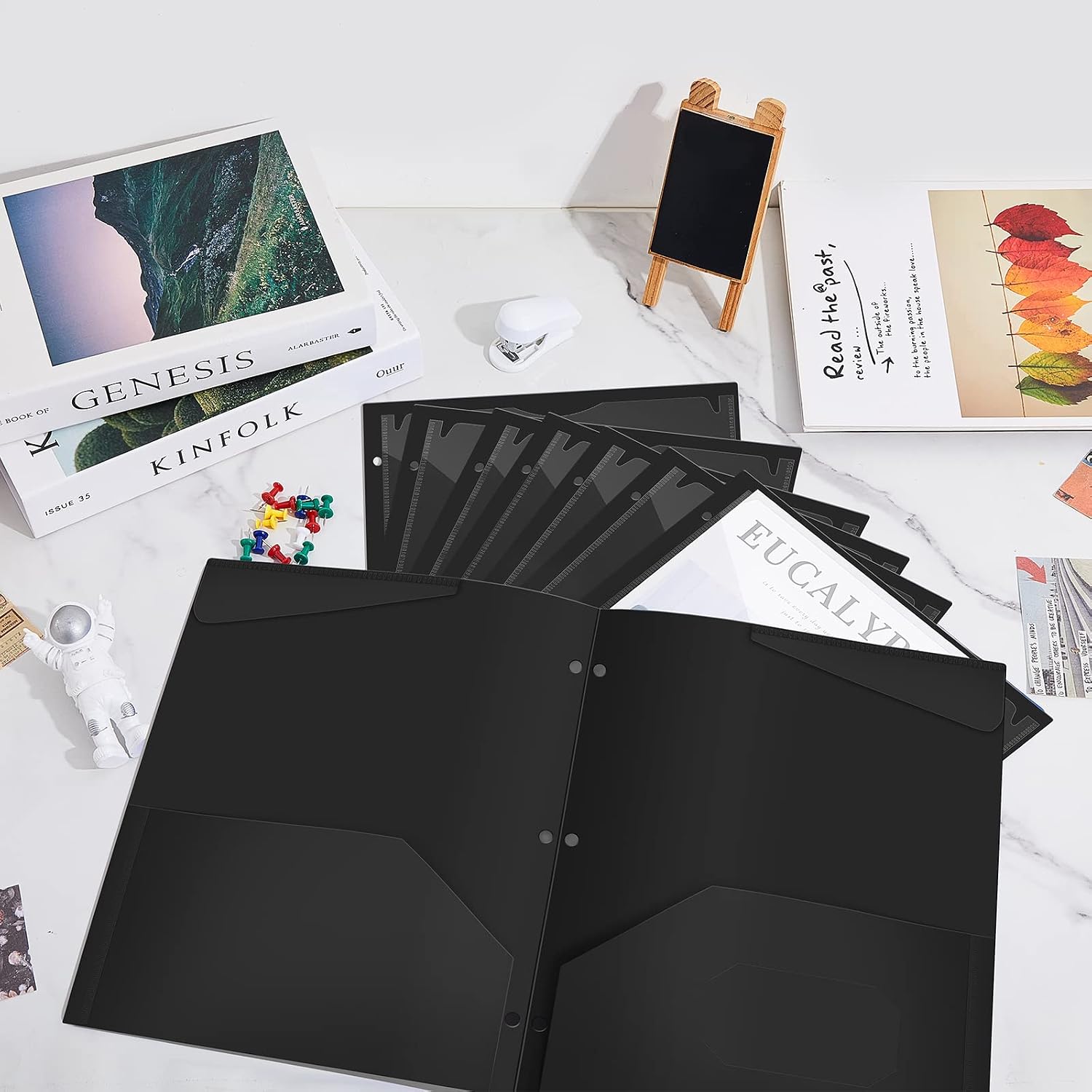 Henoyso 60 Pcs Black Plastic Folders with 2 Pockets and Clear Front Pocket 3 Holes for 3-Ring Binder Durable Poly Folder for School, Office & Home Organization