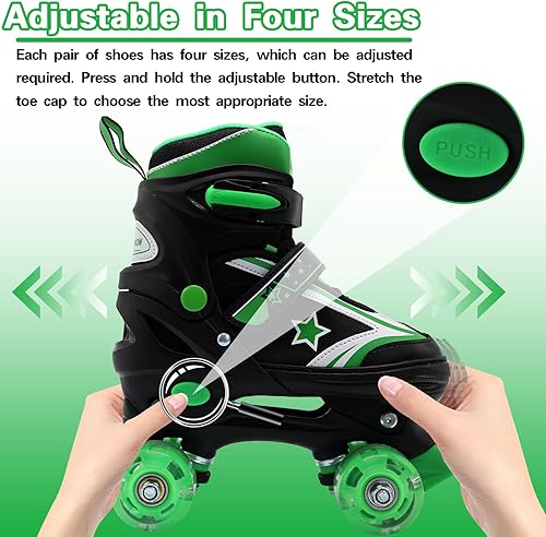 Miniatura 3 de Patines de ruedas para niños y niñas, 4 tamaños ajustables para niños con ruedas iluminadas, patines para niños y niñas de 5 a 8 a 12 años, verde y
