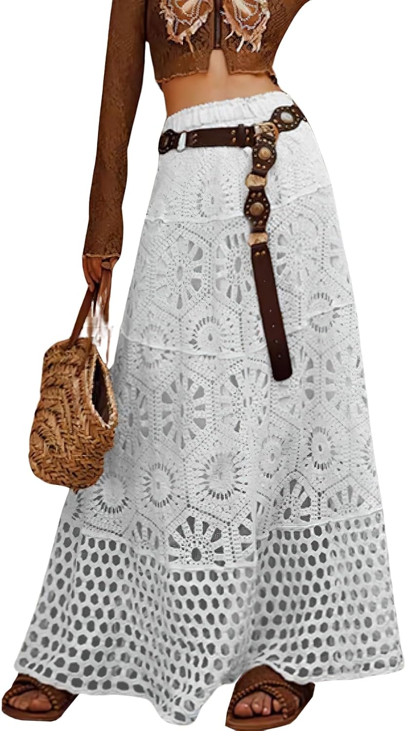 chouyatou Women's Boho Floral Embroidered Knit Skirt Lace Crochet Eyelet Elastic Waist Flared Maxi Skirt