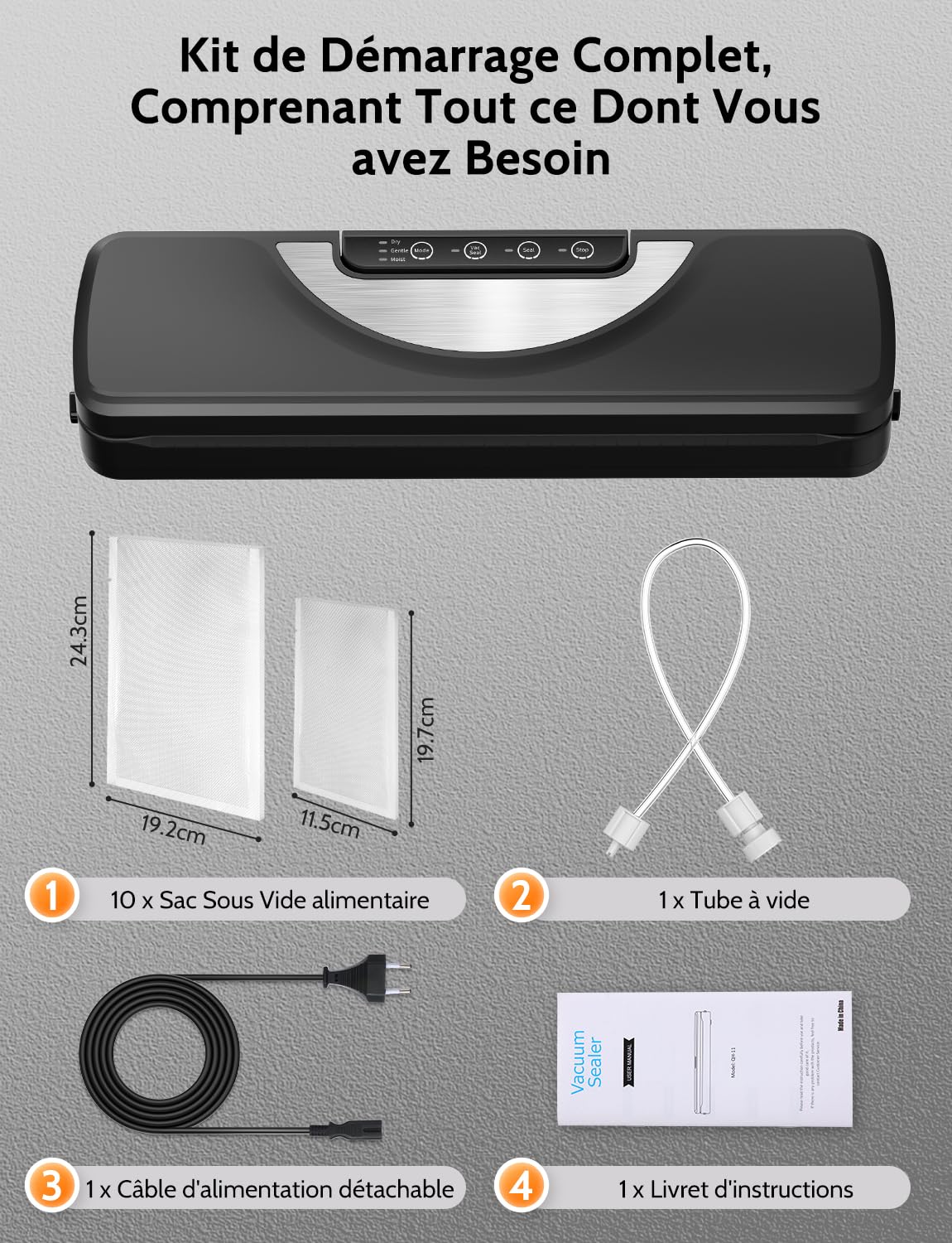 Machine Sous Vide Alimentaire 5 en 1 avec Couteau de Coupe, Machine Appareil Sous Vide Alimentaire avec Mode Sec et Humide, Inclus Sacs Sous Vide et Tuyau
