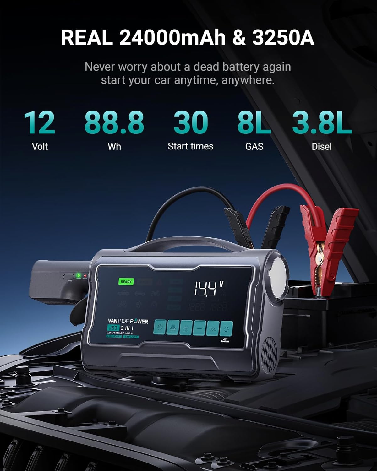 JS3 Real 3250A Jump Starter with Air Compressor 160PSI, 12V Car Battery Booster with Display, Dad Gifts, Jump Box, Support 65W Fast Charging Power Bank, 8.0L Gas/3.8L Diesel Engines