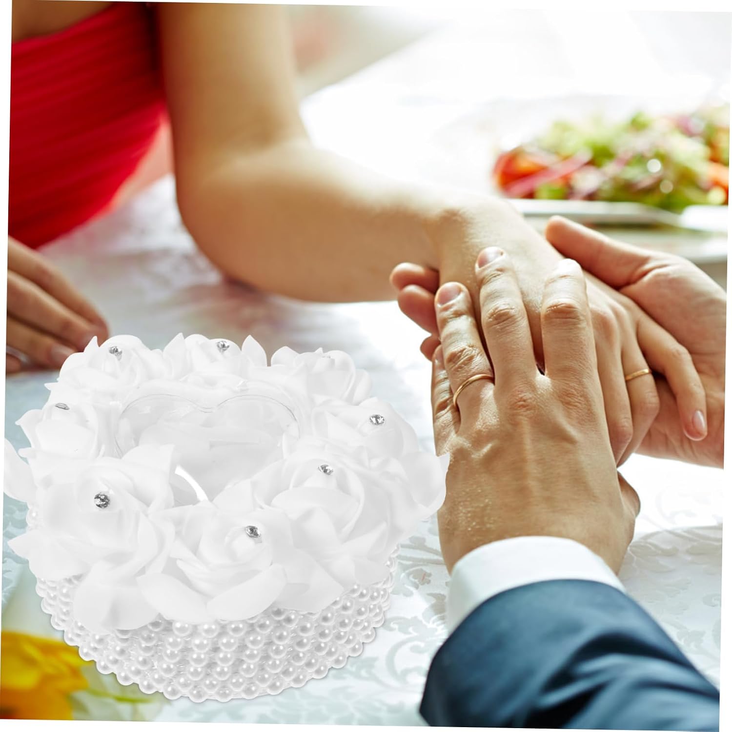 Ciieeo Wedding Ring Pillow Pearls Heart Ring Holder Pillow Ring Pillow for Ceremony White Ring Bearer Pillow