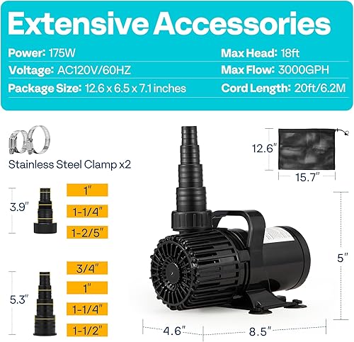 Miniatura 7 de VIVOHOME Bomba de agua sumergible de 175W 3000GPH con boquilla ajustable sin costuras de 180 y bolsa de barrera para fuentes de cascada de estanque