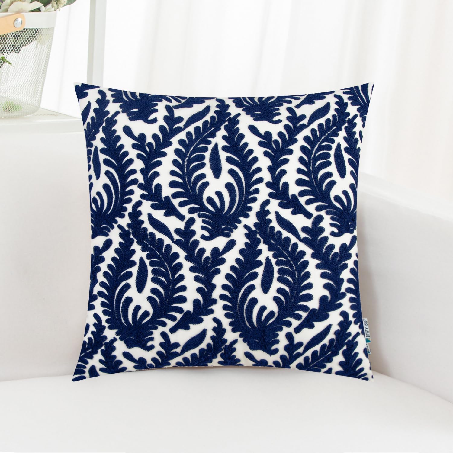 hwy 50 navy blue embroidered cotton cushion cover 45x45 cm 1 piece, decorative floral branches pattern throw pillow cover for sofa living room bed couch