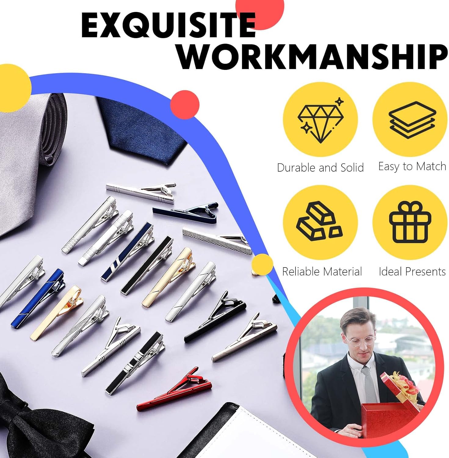 Yinkin 20 Pcs Classic Tie Bar Clip Set for Regular Necktie - Bulk for Men's Wedding, Business and Daily Life