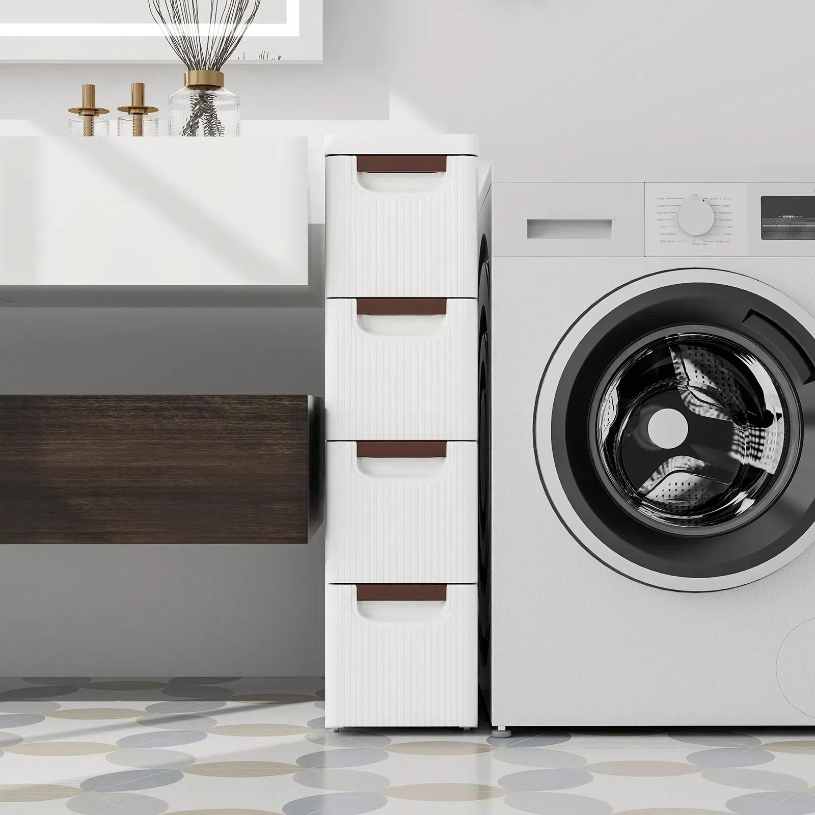 KOMFOTTEU Carrellino Stretto con Ruote, Cassettiera 3/4/5/6 Cassetti Slim, Carrello Portaoggetti a Rotelle, Mobiletto Bagno Salvaspazio per Cucina, Soggiorno, Camera da Letto, Bianco (4 Cassetti)