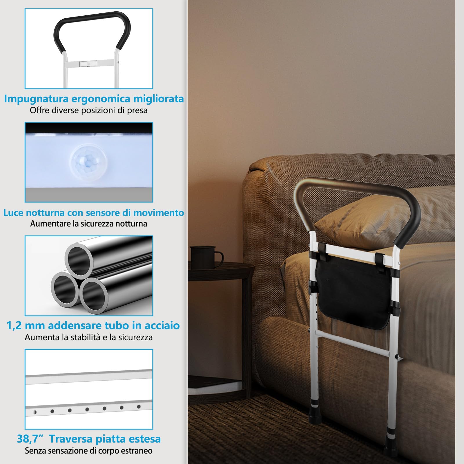 Sponda Letto Anziani Con Sensore Di Movimento Luce Notturna E Custodia Portaoggetti Sponde Letto Anziani Maniglia Per Barra Di Assistenza Anti-Caduta