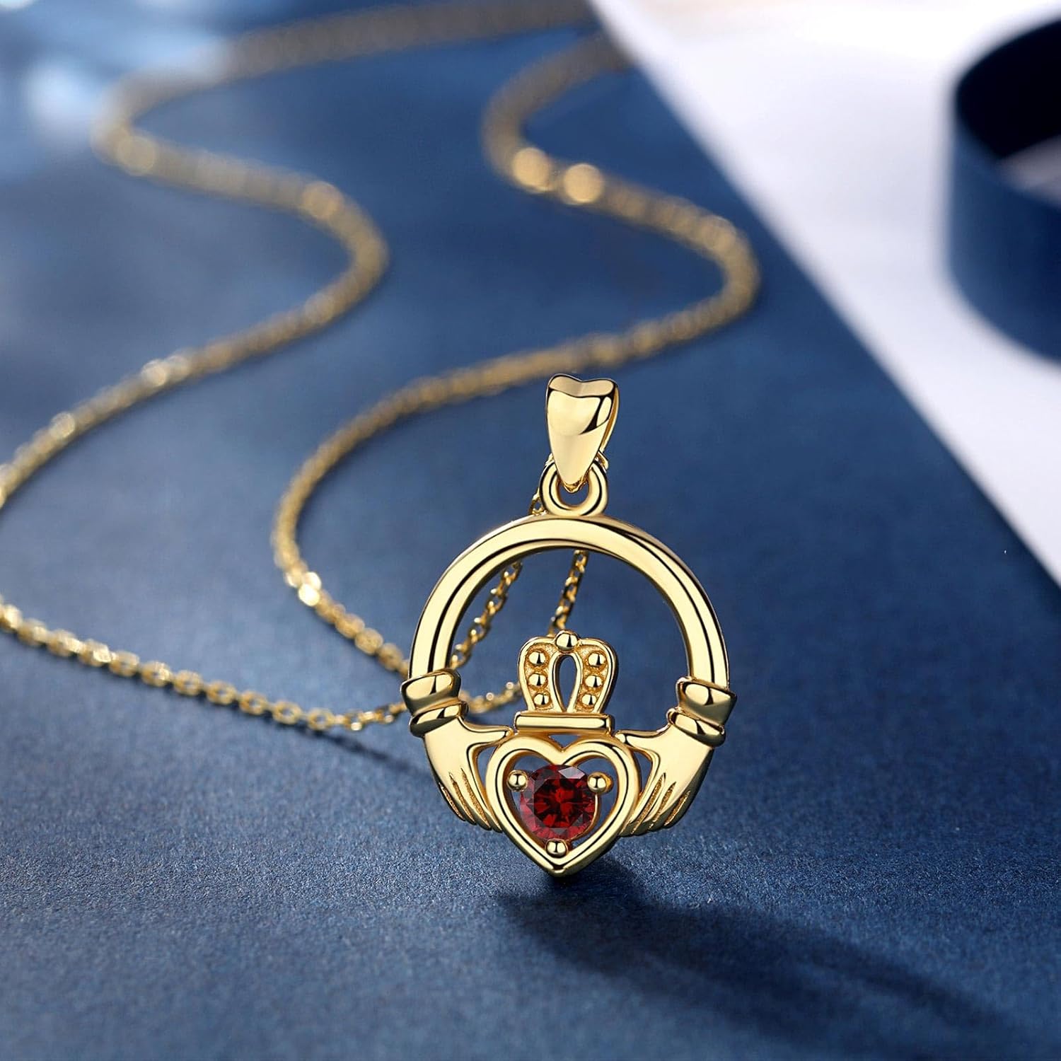 INFUSEU Claddagh Necklace for Women Irish Small Pendant Sterling Silver Red Stone January Birthstone July Gifts for Her Birthday Wife Daughter Teen Girlfriend Valentine Anniversary - Image 8