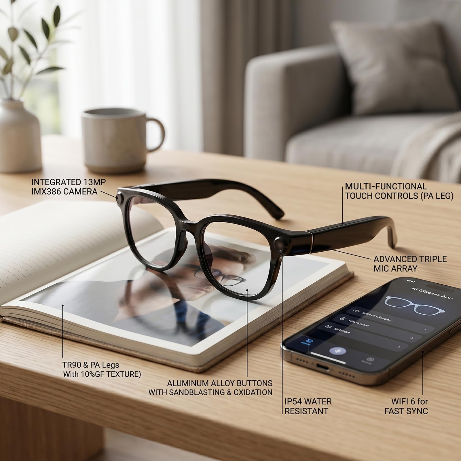 Occhiali Intelligenti AI con Fotocamera, Traduzione Musicale Anti-vibrazione WiFi6 da 13 MP per Uomini e Donne in Viaggio