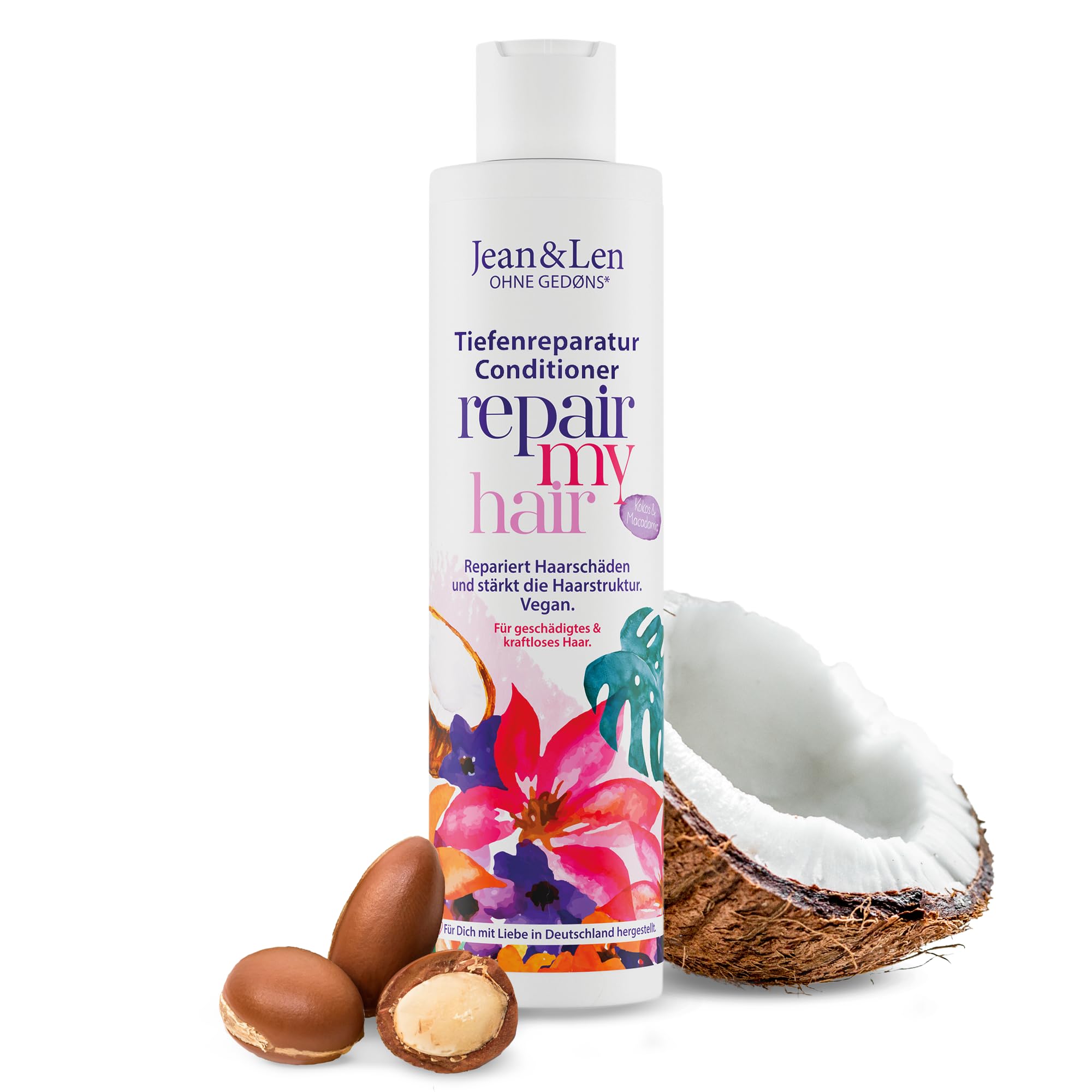 Jean & Len Conditioner Repair Kokos & Macadamia, für geschädigtes und kraftloses Haar, repariert Haarschäden, verleiht Geschmeidigkeit, Kokos-Duft, ohne Parabene & Silikone, vegan, 300 ml