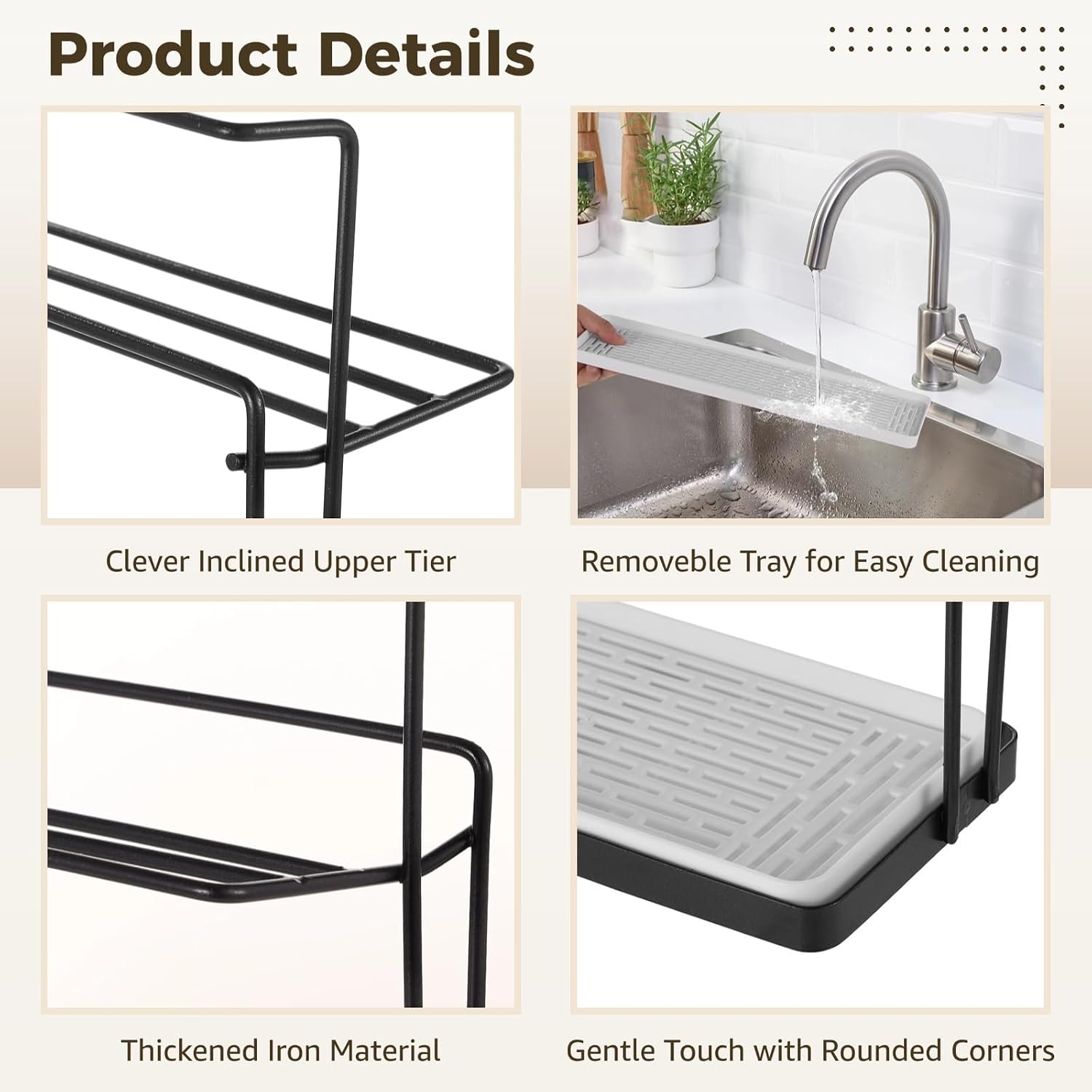 Water Bottle Mug Organizer, 2-Tier Cup Drying Rack, Iron Countertop Coffee Tea Cup Holder Stand with Removable Drain Tray, Black, 15.7 in, Fast Drainage Inclined Design