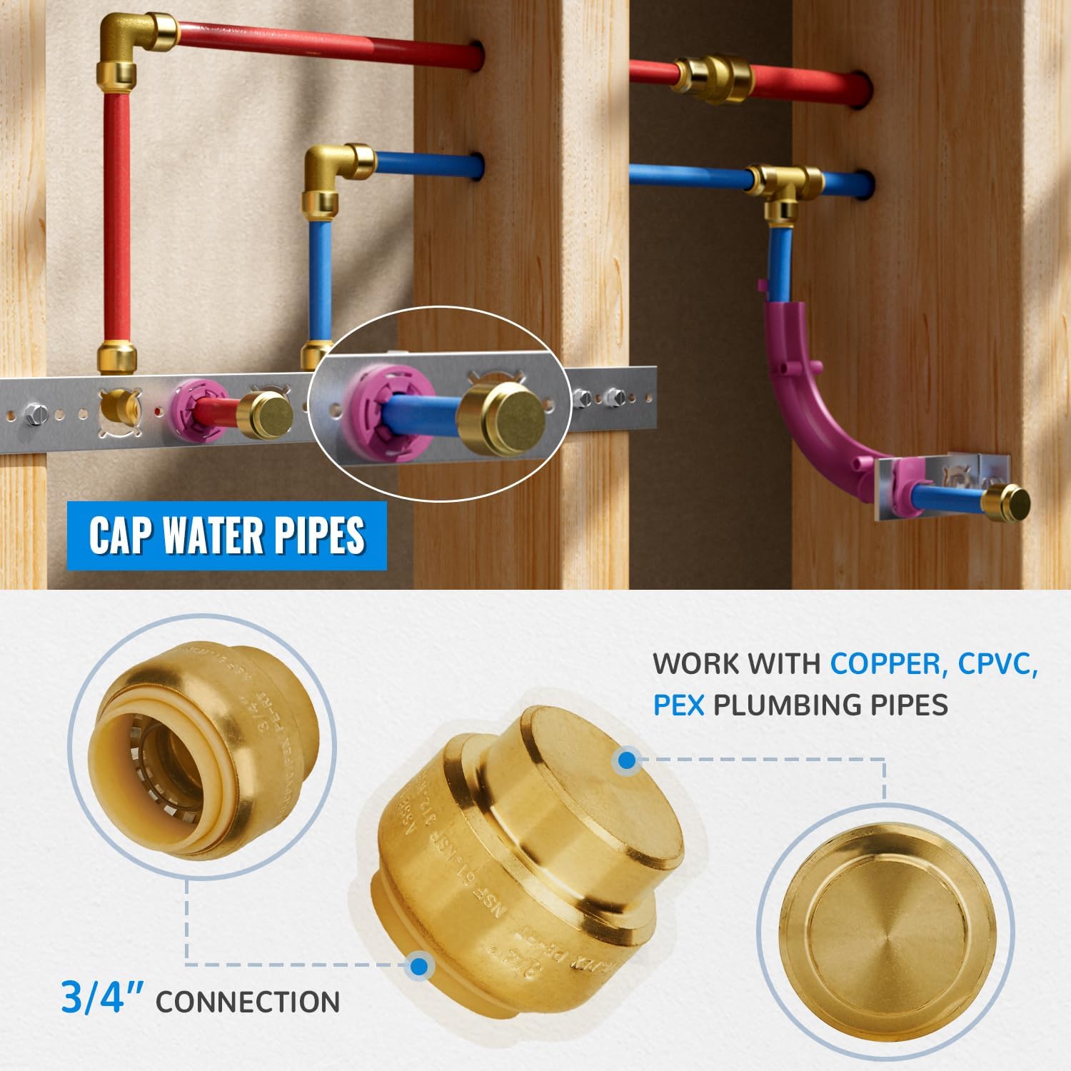 SUNGATOR 12-Pack Push Fit End Cap, 3/4-Inch Push-to-Connect, No Lead Brass Plumbing Fittings for PEX, Copper, CPVC, Disconnect Clip Include