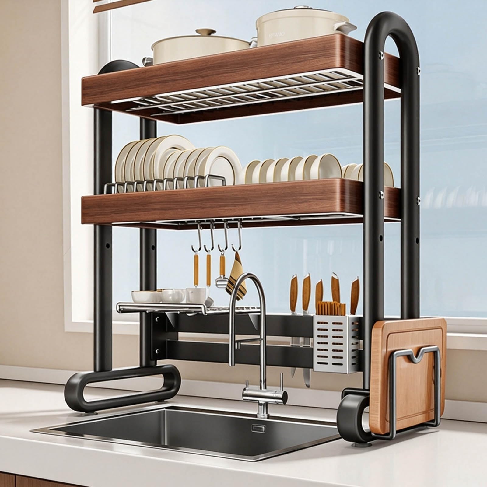 Escurridor de platos grande sobre fregadero para mantener la cocina ordenada