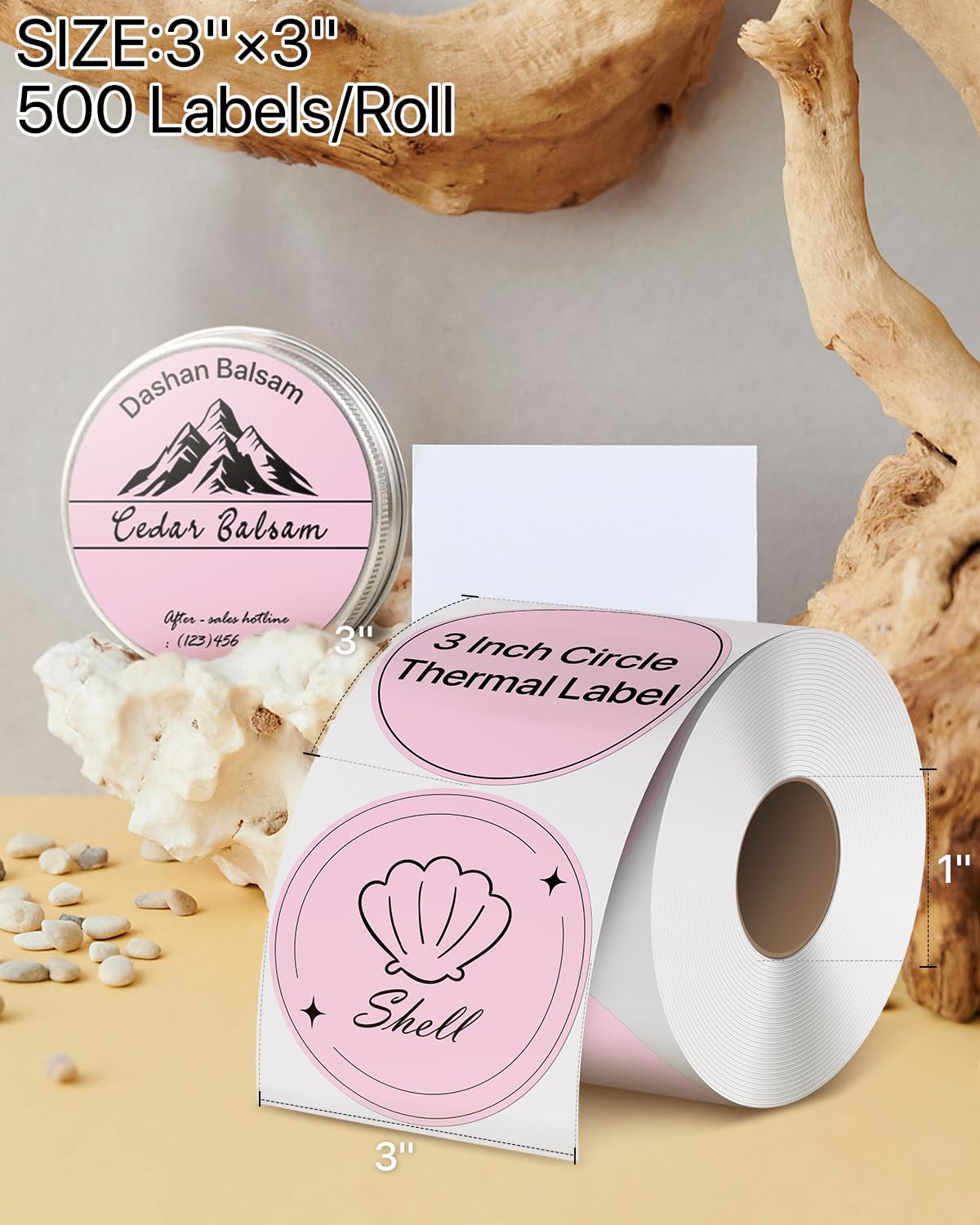 iEager Etiquetas adhesivas térmicas circulares de 3 pulgadas, etiquetas térmicas directas redondas autoadhesivas, rollo de calcomanías térmicas multiusos, 500 etiquetas, rosa