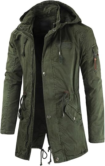 DGHM-JLMY Men Full-Zip Hood Cotton Parka Jacket Coat Long Back Split Collar Hooded Windbreaker Mid-Long Military Coat Pockets (Army Green,XX-Large)